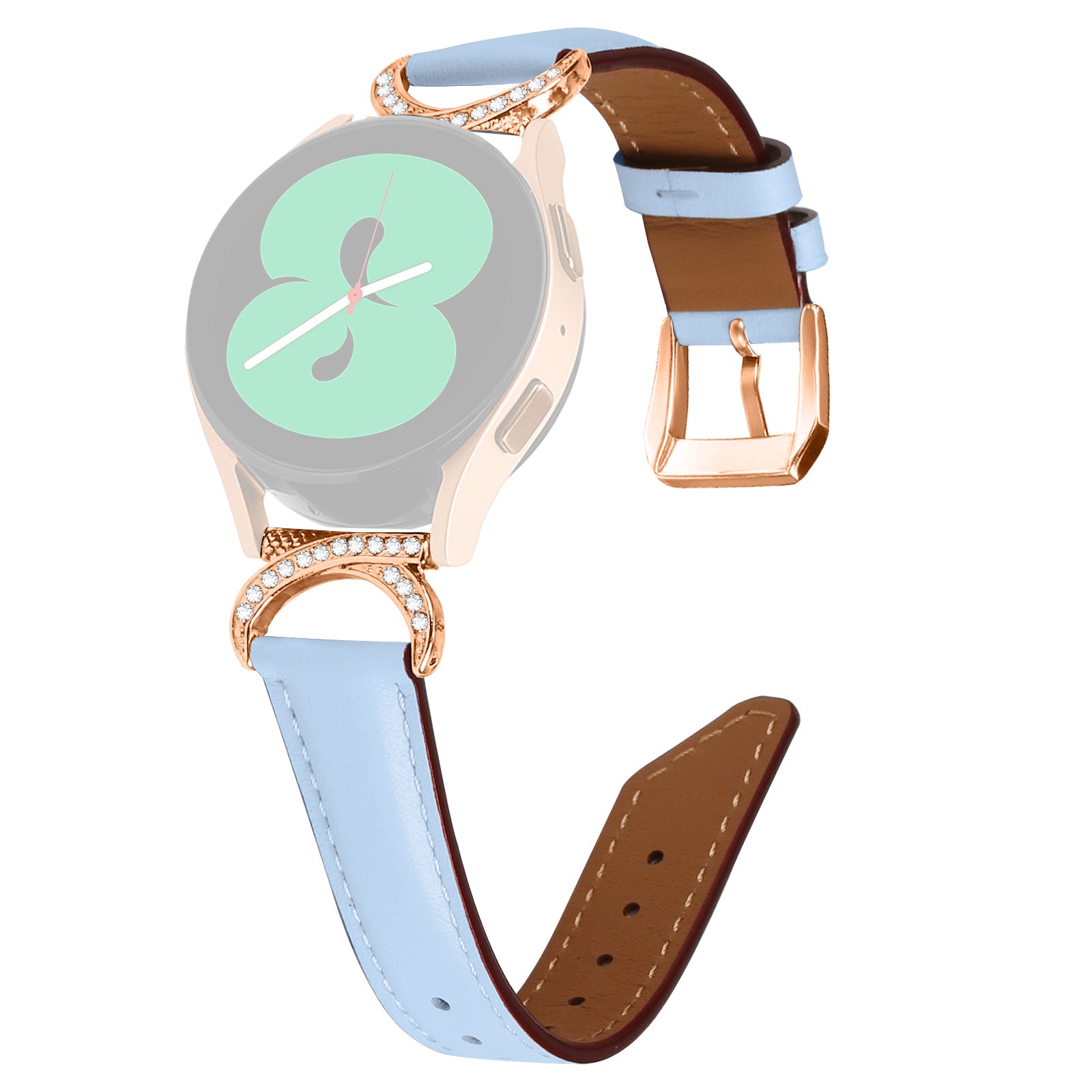 For Samsung Galaxy Watch 3 41mm Watch 5 40mm 44mm Split Leather Strap 20mm Rhinestone D-shape Connector Wrist Band with Rose Gold Buckle
