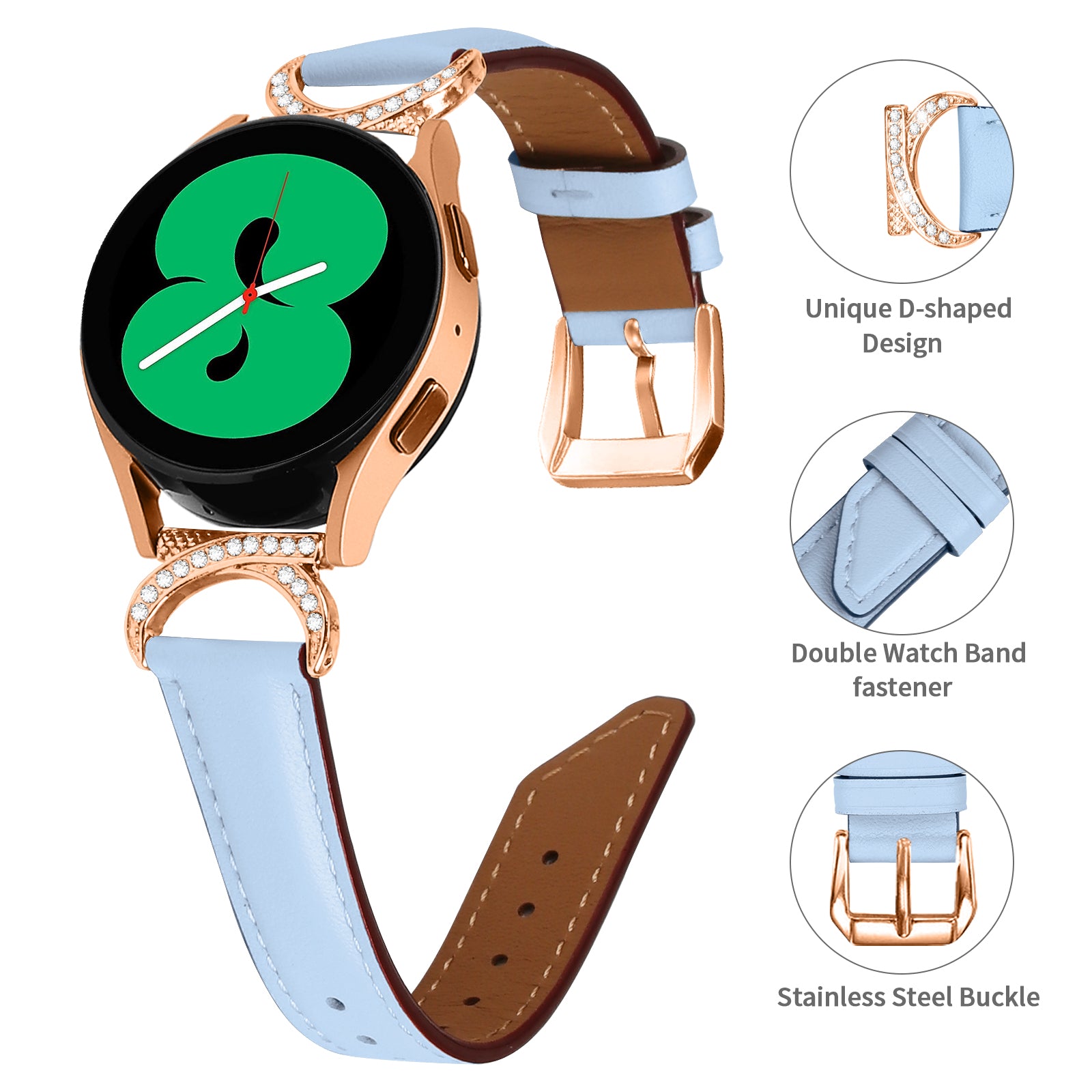 For Samsung Galaxy Watch 3 41mm Watch 5 40mm 44mm Split Leather Strap 20mm Rhinestone D-shape Connector Wrist Band with Rose Gold Buckle