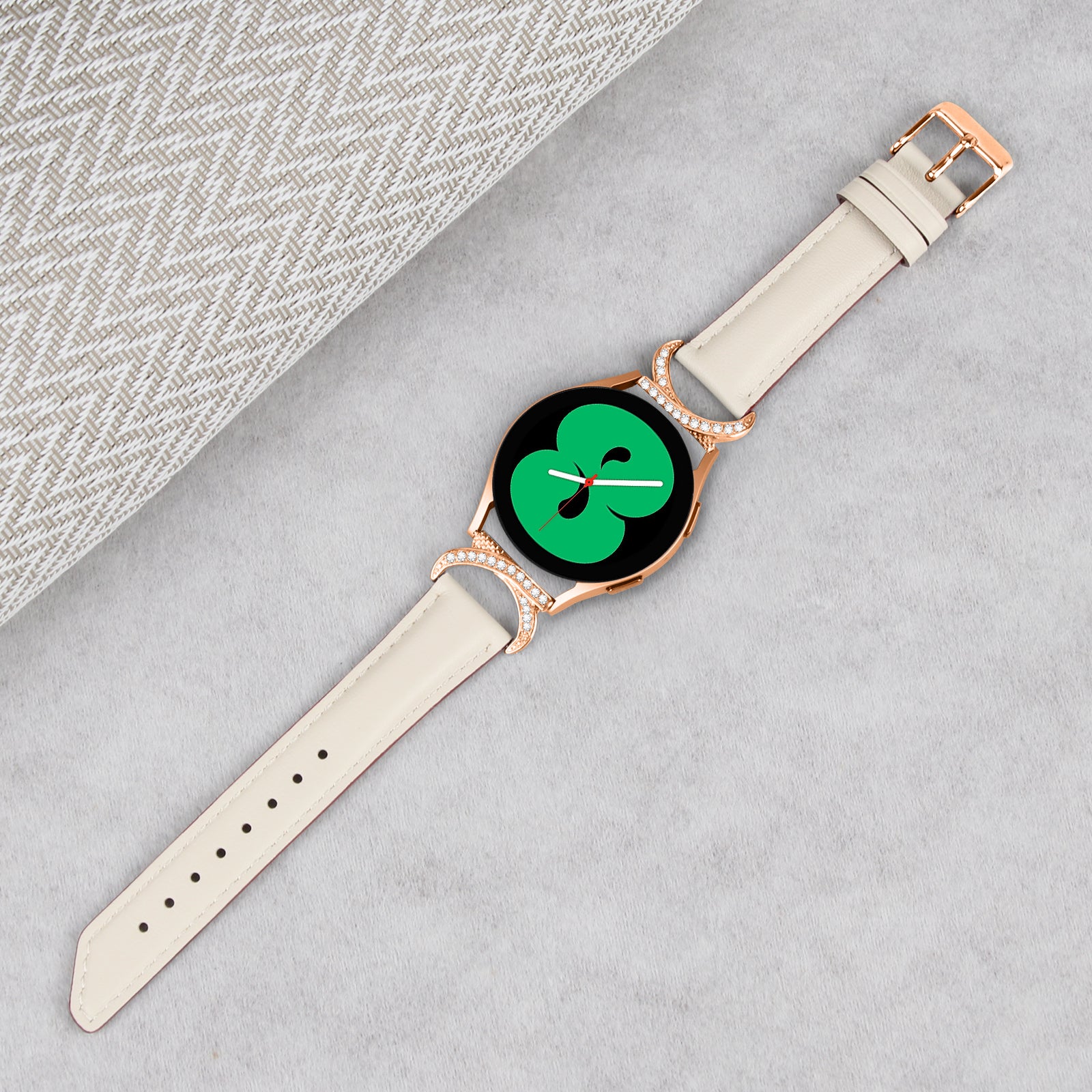 For Samsung Galaxy Watch 3 41mm Watch 5 40mm 44mm Split Leather Strap 20mm Rhinestone D-shape Connector Wrist Band with Rose Gold Buckle