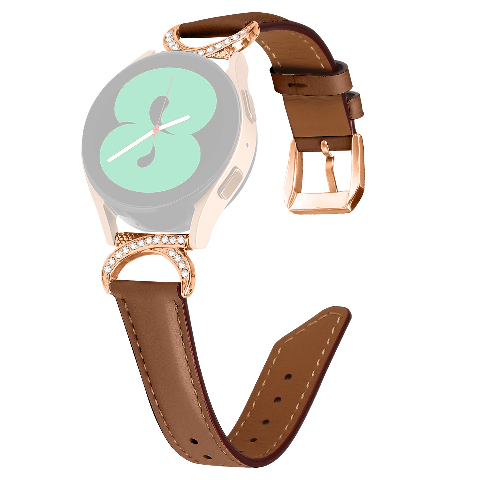For Samsung Galaxy Watch 3 41mm Watch 5 40mm 44mm Split Leather Strap 20mm Rhinestone D-shape Connector Wrist Band with Rose Gold Buckle