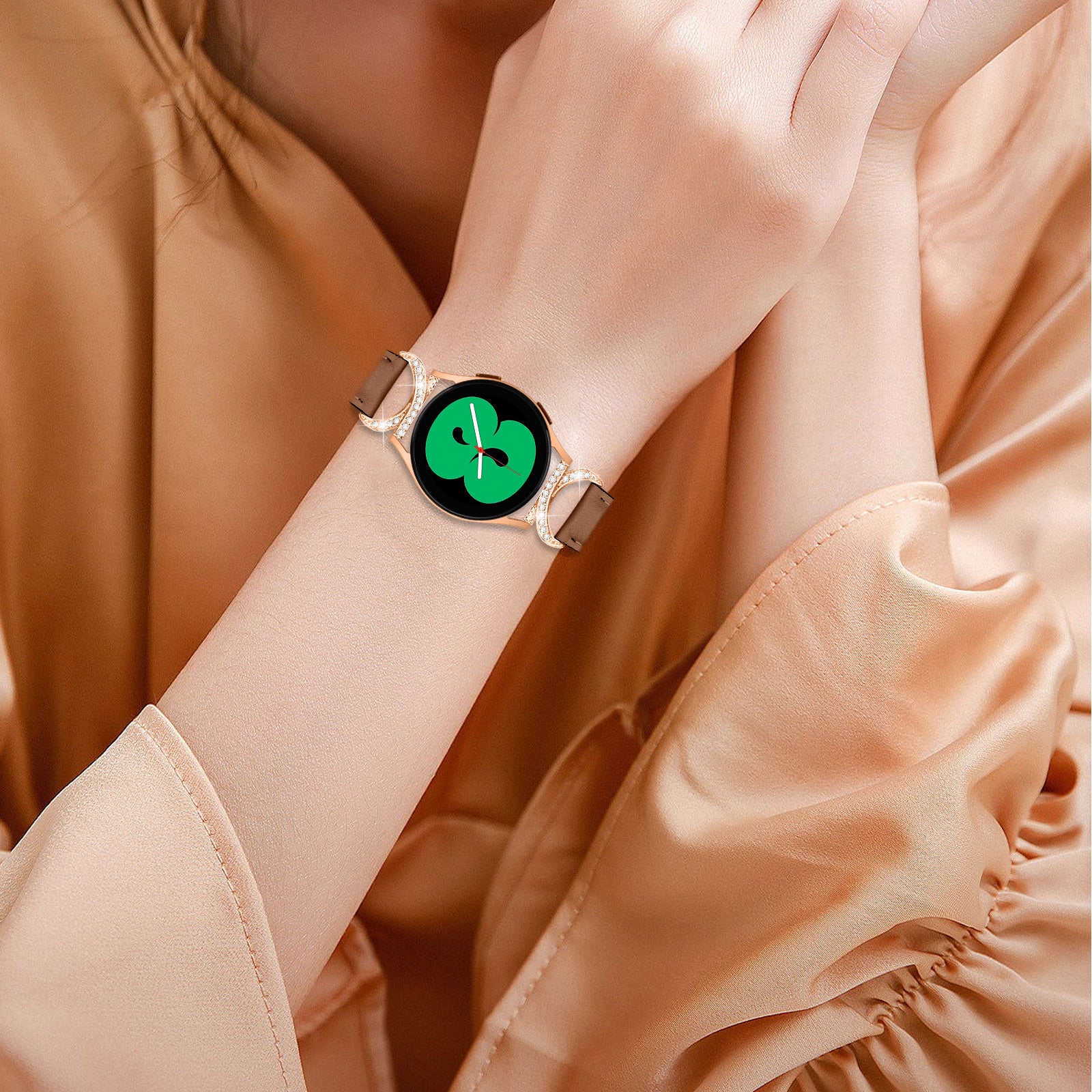 For Samsung Galaxy Watch 3 41mm Watch 5 40mm 44mm Split Leather Strap 20mm Rhinestone D-shape Connector Wrist Band with Rose Gold Buckle