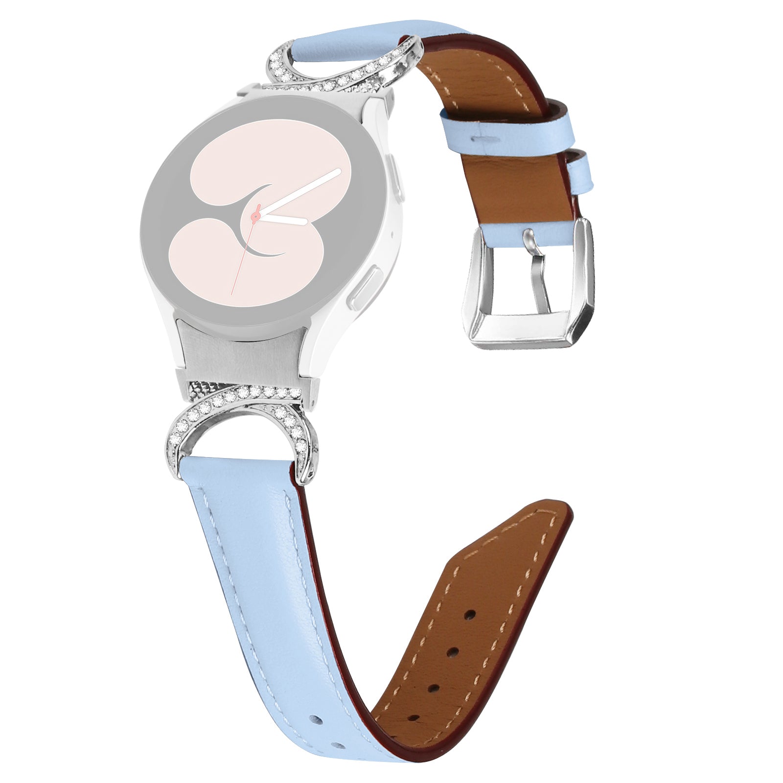 For Samsung Galaxy Watch6 40mm 44mm Watch6 Classic 43mm 47mm Watch 5 40mm 44mm Watch4 40mm 44mm Replacement Split Leather Strap Rhinestone D-shape Connector Wrist Band with Silver Buckle