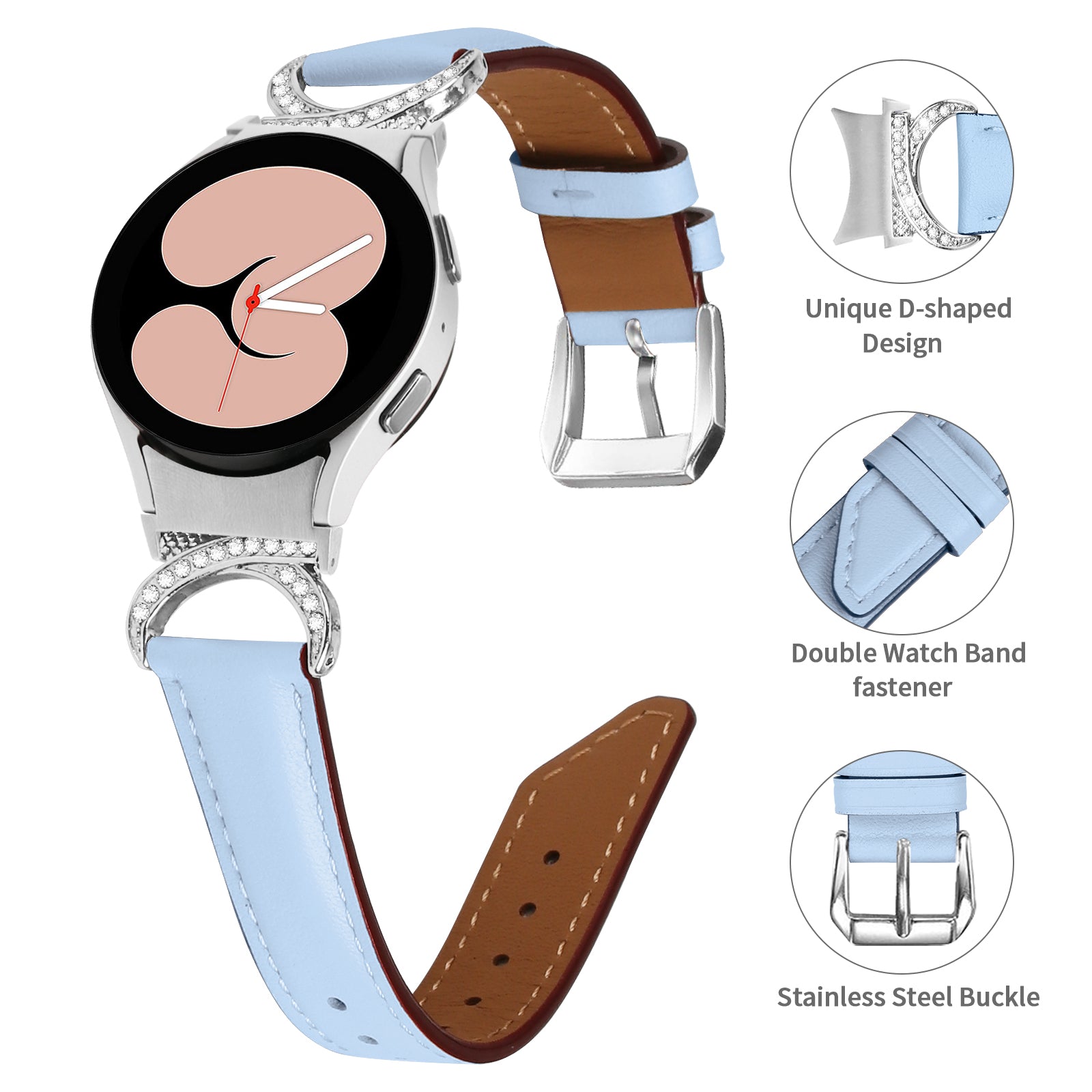 For Samsung Galaxy Watch6 40mm 44mm Watch6 Classic 43mm 47mm Watch 5 40mm 44mm Watch4 40mm 44mm Replacement Split Leather Strap Rhinestone D-shape Connector Wrist Band with Silver Buckle