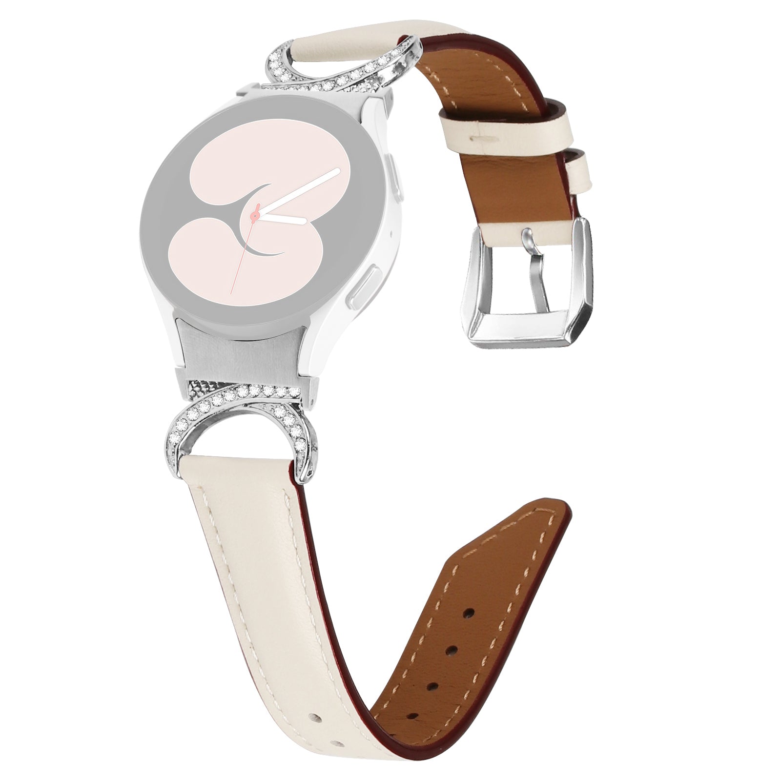 For Samsung Galaxy Watch6 40mm 44mm Watch6 Classic 43mm 47mm Watch 5 40mm 44mm Watch4 40mm 44mm Replacement Split Leather Strap Rhinestone D-shape Connector Wrist Band with Silver Buckle