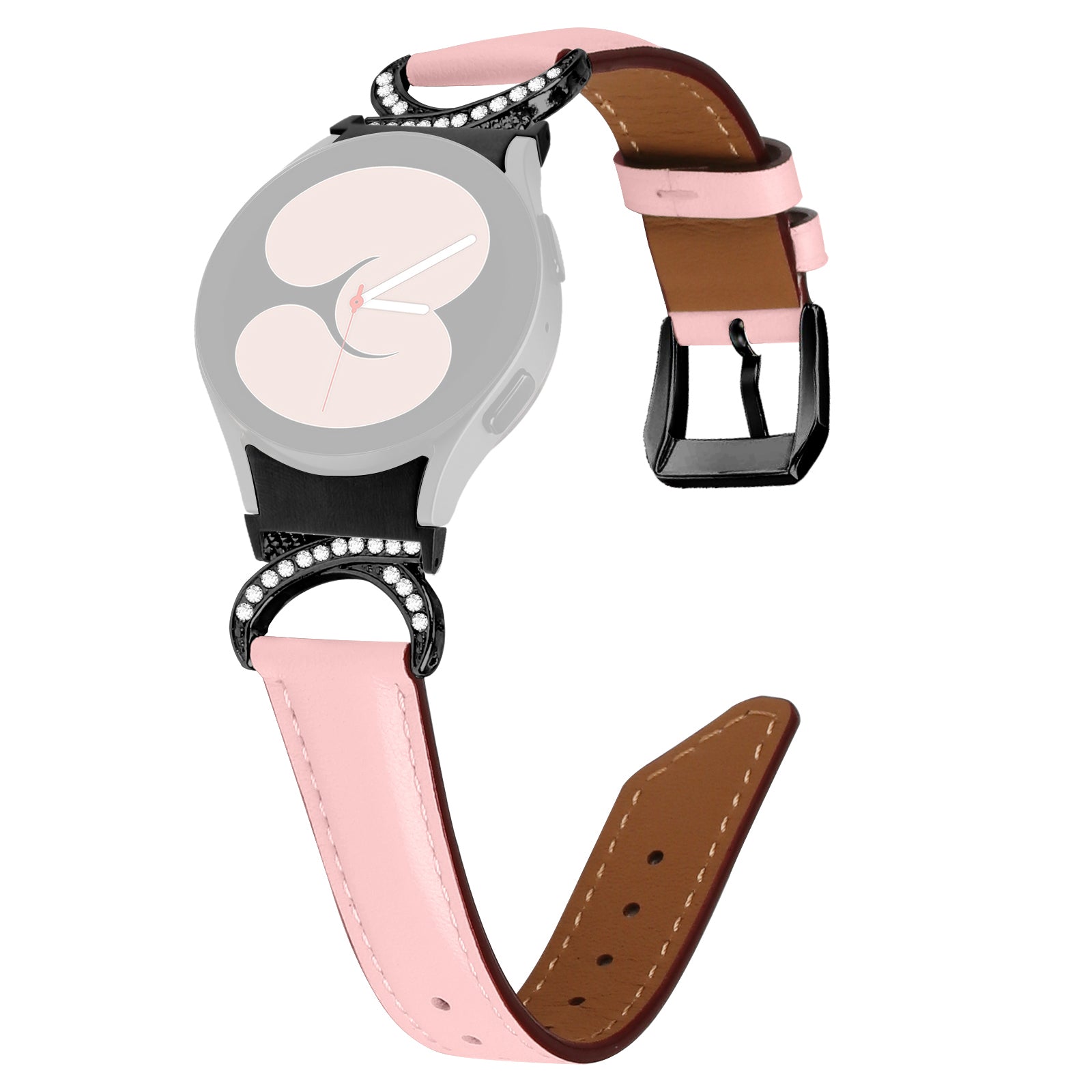 For Samsung Galaxy Watch6 40mm 44mm Watch6 Classic 43mm 47mm Watch 5 40mm 44mm Watch4 40mm 44mm Split Leather Strap Rhinestone D-shape Connector Replacement Band with Black Buckle