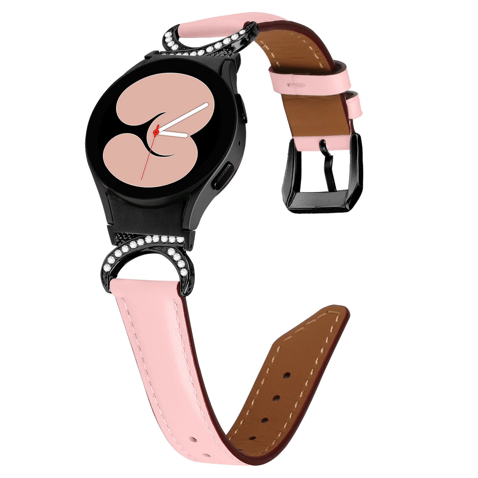 For Samsung Galaxy Watch6 40mm 44mm Watch6 Classic 43mm 47mm Watch 5 40mm 44mm Watch4 40mm 44mm Split Leather Strap Rhinestone D-shape Connector Replacement Band with Black Buckle