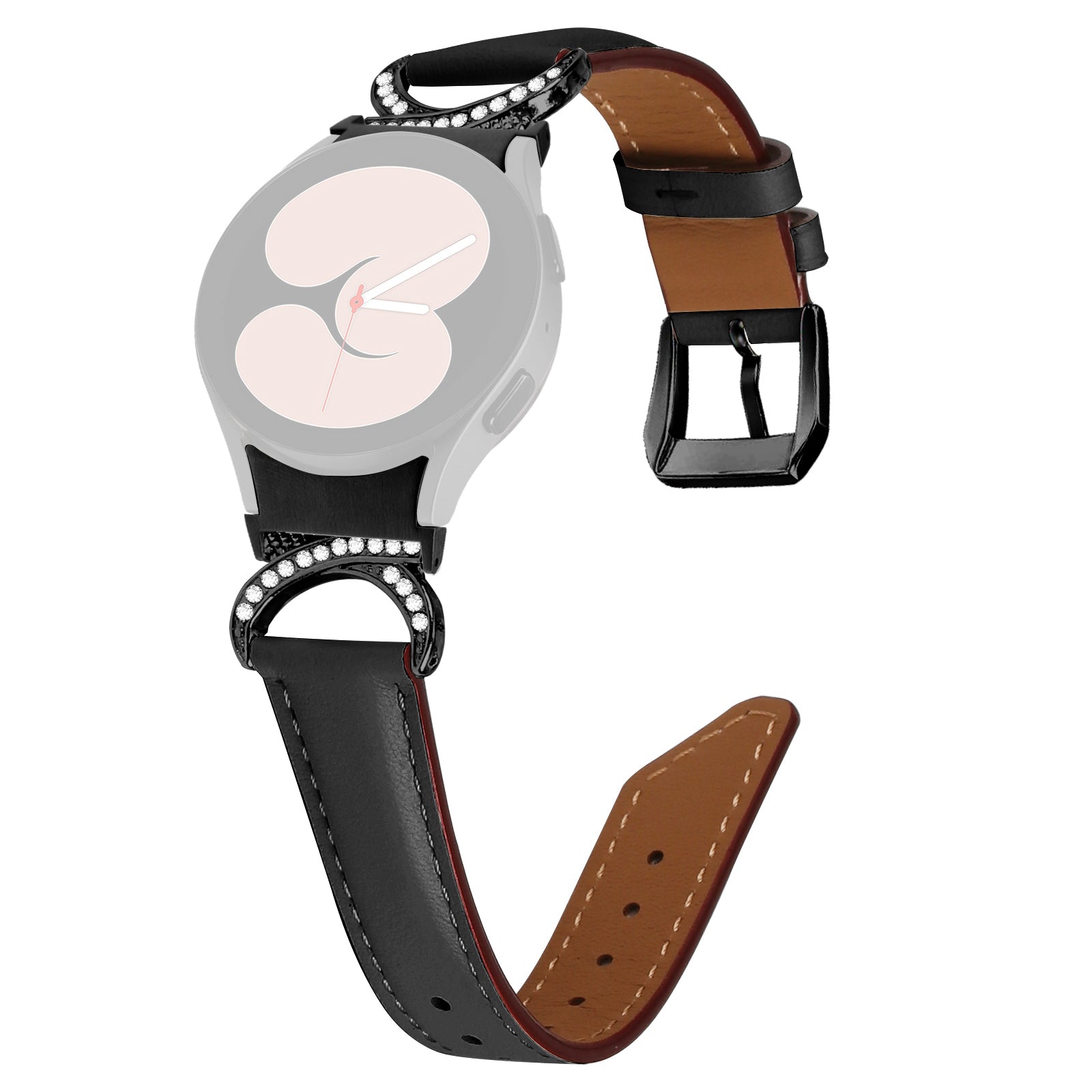 For Samsung Galaxy Watch6 40mm 44mm Watch6 Classic 43mm 47mm Watch 5 40mm 44mm Watch4 40mm 44mm Split Leather Strap Rhinestone D-shape Connector Replacement Band with Black Buckle
