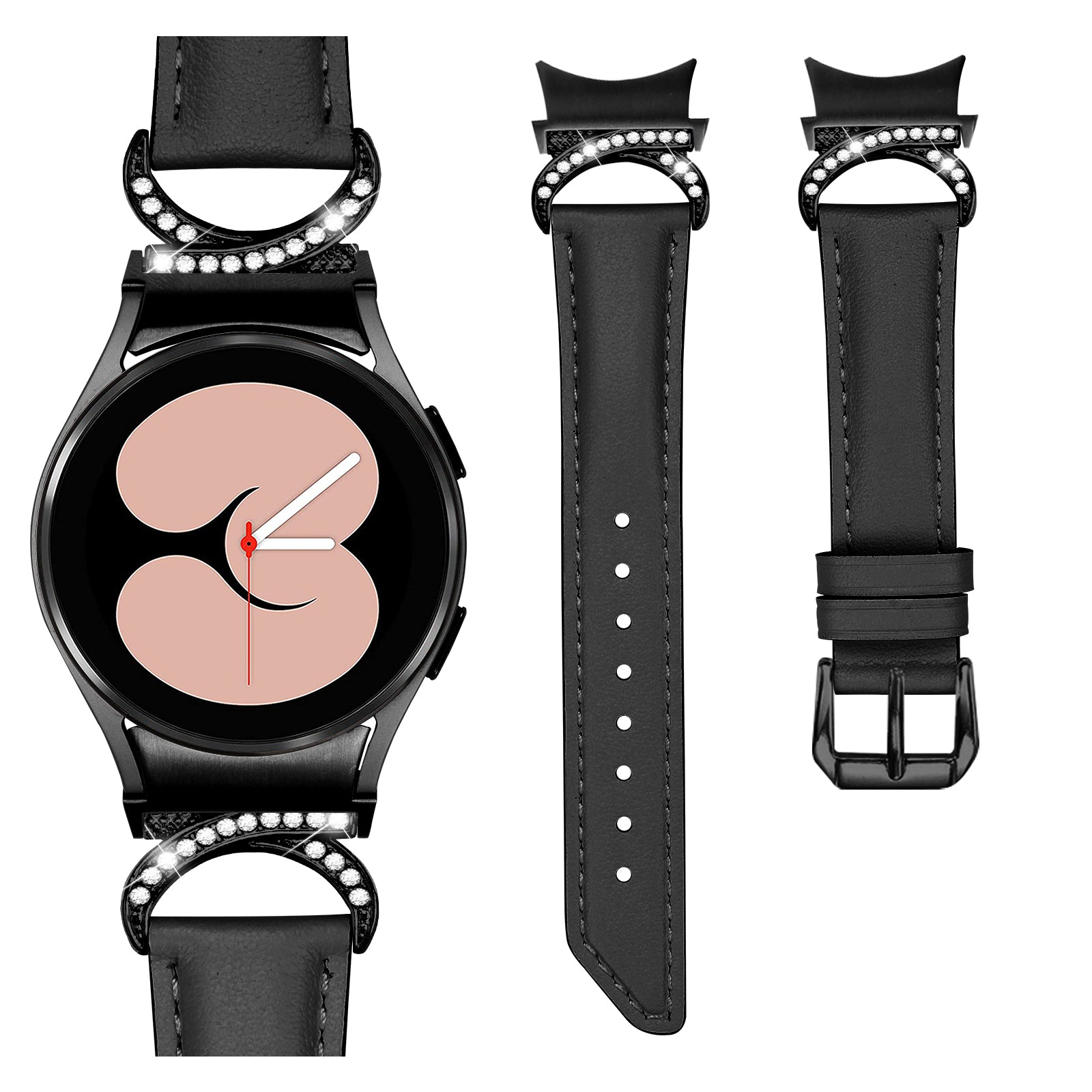 For Samsung Galaxy Watch6 40mm 44mm Watch6 Classic 43mm 47mm Watch 5 40mm 44mm Watch4 40mm 44mm Split Leather Strap Rhinestone D-shape Connector Replacement Band with Black Buckle