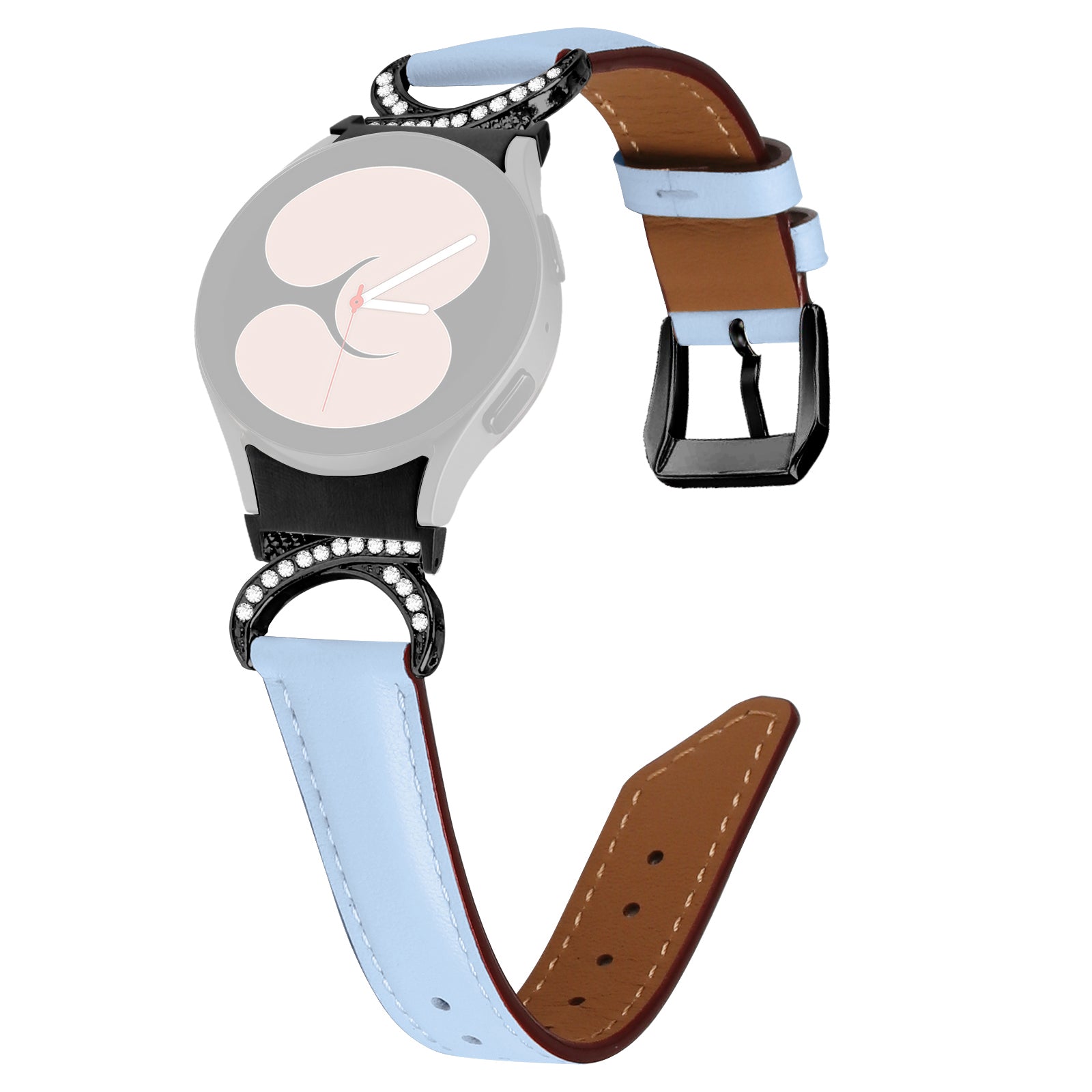 For Samsung Galaxy Watch6 40mm 44mm Watch6 Classic 43mm 47mm Watch 5 40mm 44mm Watch4 40mm 44mm Split Leather Strap Rhinestone D-shape Connector Replacement Band with Black Buckle