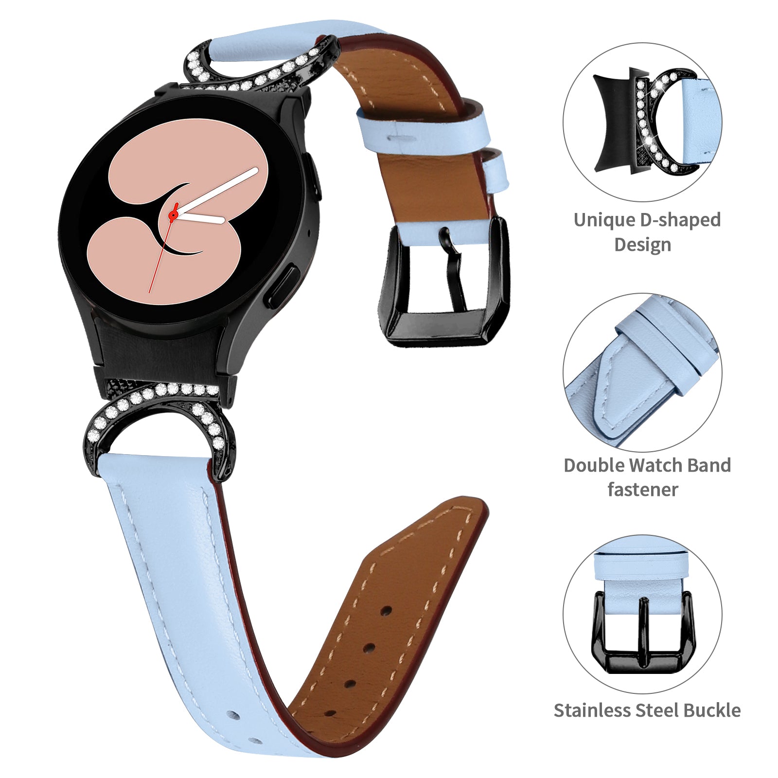 For Samsung Galaxy Watch6 40mm 44mm Watch6 Classic 43mm 47mm Watch 5 40mm 44mm Watch4 40mm 44mm Split Leather Strap Rhinestone D-shape Connector Replacement Band with Black Buckle