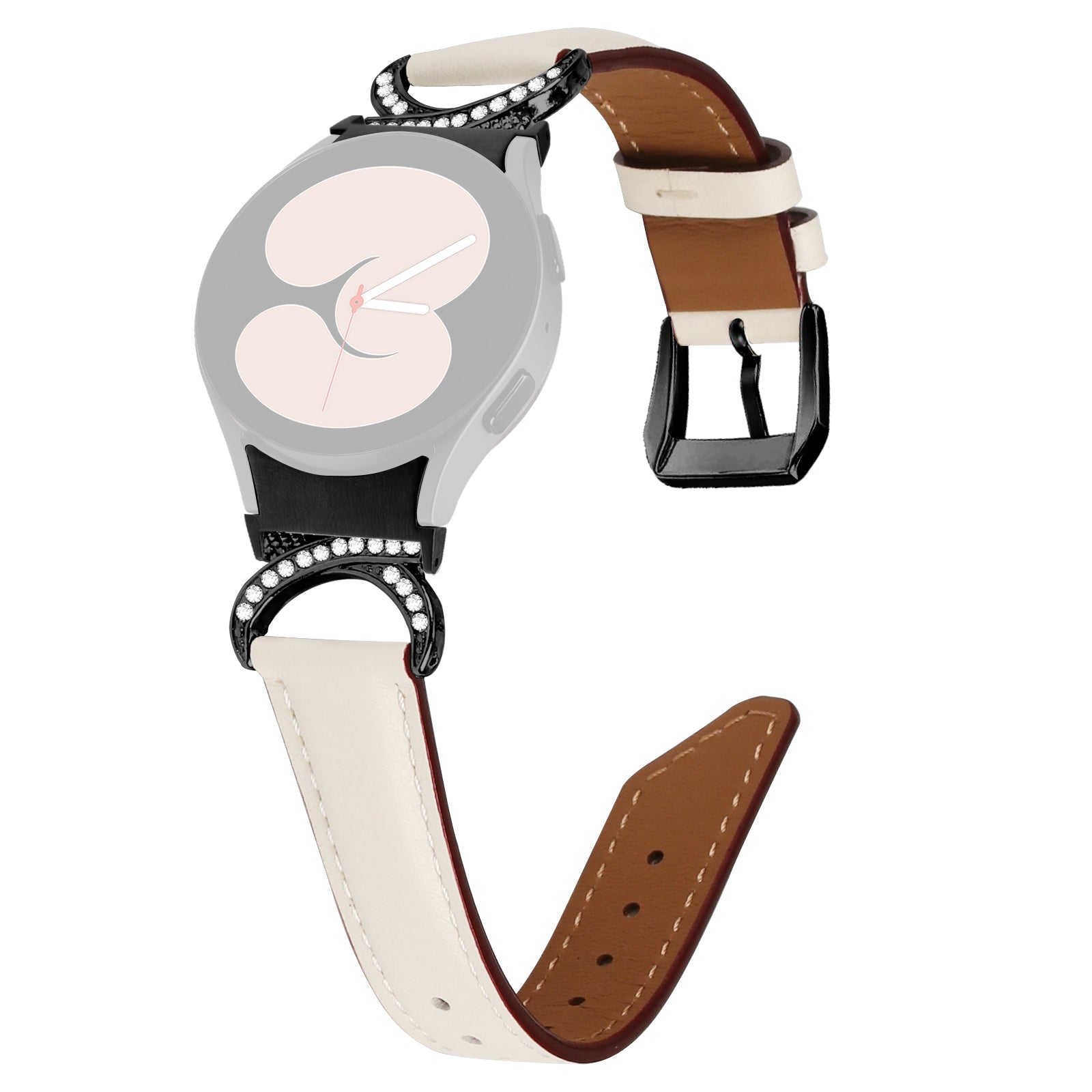 For Samsung Galaxy Watch6 40mm 44mm Watch6 Classic 43mm 47mm Watch 5 40mm 44mm Watch4 40mm 44mm Split Leather Strap Rhinestone D-shape Connector Replacement Band with Black Buckle