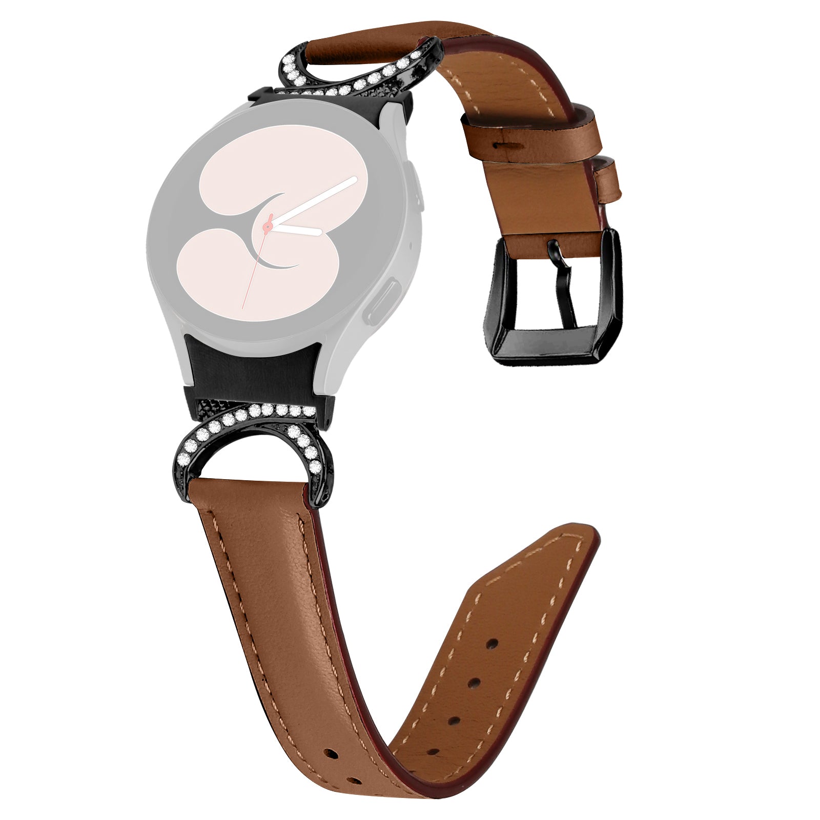 For Samsung Galaxy Watch6 40mm 44mm Watch6 Classic 43mm 47mm Watch 5 40mm 44mm Watch4 40mm 44mm Split Leather Strap Rhinestone D-shape Connector Replacement Band with Black Buckle