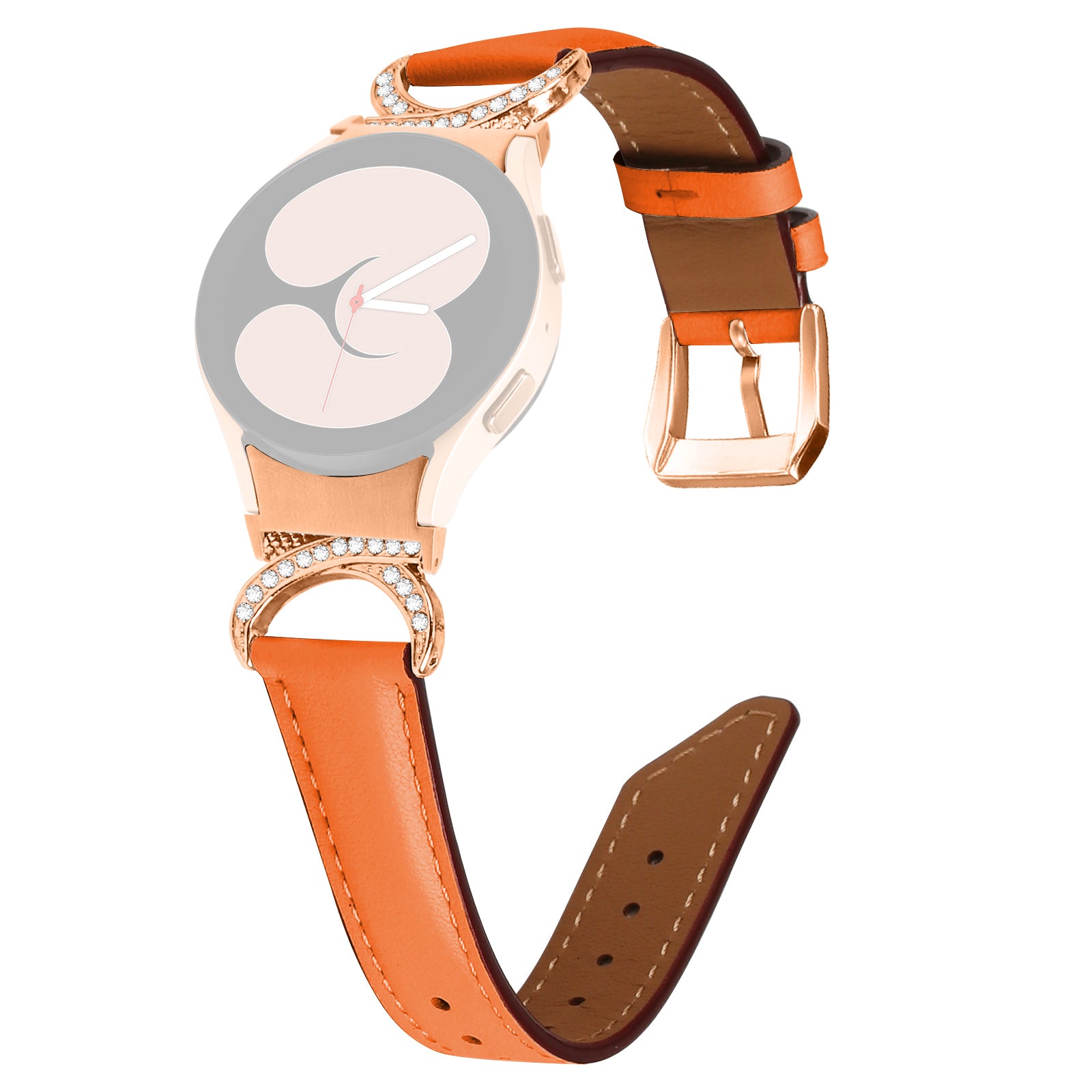 For Samsung Galaxy Watch6 40mm 44mm Watch6 Classic 43mm 47mm Watch 5 40mm 44mm Watch4 40mm 44mm Rhinestone D-shape Connector Wrist Band Adjustable Split Leather Strap with Rose Gold Buckle