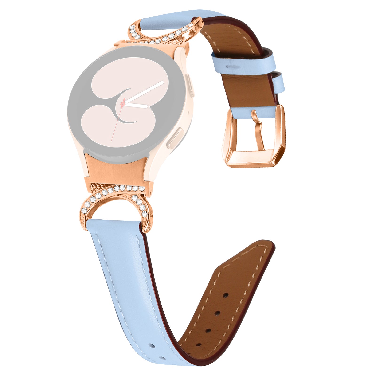 For Samsung Galaxy Watch6 40mm 44mm Watch6 Classic 43mm 47mm Watch 5 40mm 44mm Watch4 40mm 44mm Rhinestone D-shape Connector Wrist Band Adjustable Split Leather Strap with Rose Gold Buckle