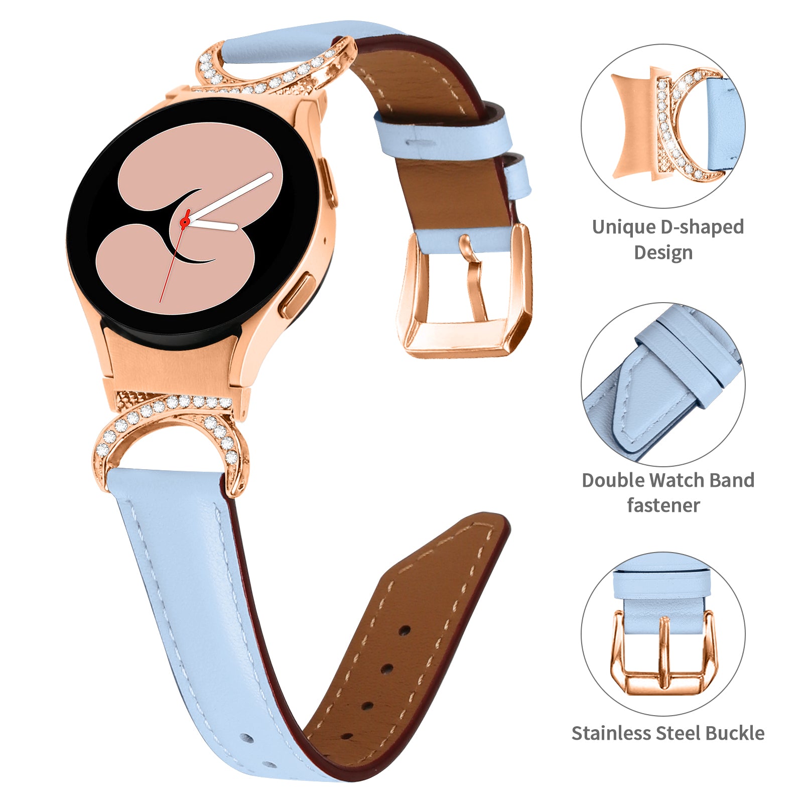 For Samsung Galaxy Watch6 40mm 44mm Watch6 Classic 43mm 47mm Watch 5 40mm 44mm Watch4 40mm 44mm Rhinestone D-shape Connector Wrist Band Adjustable Split Leather Strap with Rose Gold Buckle
