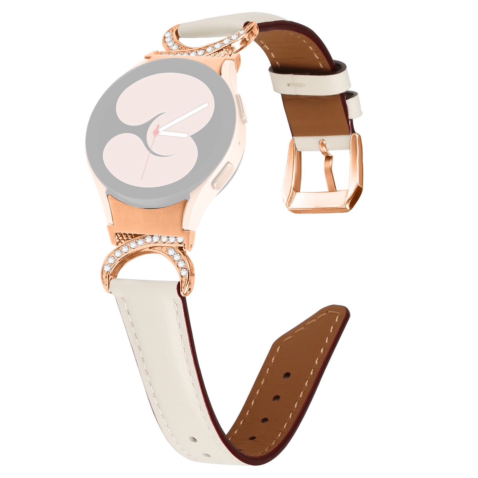 For Samsung Galaxy Watch6 40mm 44mm Watch6 Classic 43mm 47mm Watch 5 40mm 44mm Watch4 40mm 44mm Rhinestone D-shape Connector Wrist Band Adjustable Split Leather Strap with Rose Gold Buckle