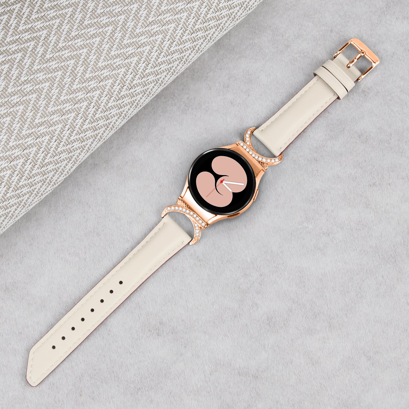 For Samsung Galaxy Watch6 40mm 44mm Watch6 Classic 43mm 47mm Watch 5 40mm 44mm Watch4 40mm 44mm Rhinestone D-shape Connector Wrist Band Adjustable Split Leather Strap with Rose Gold Buckle