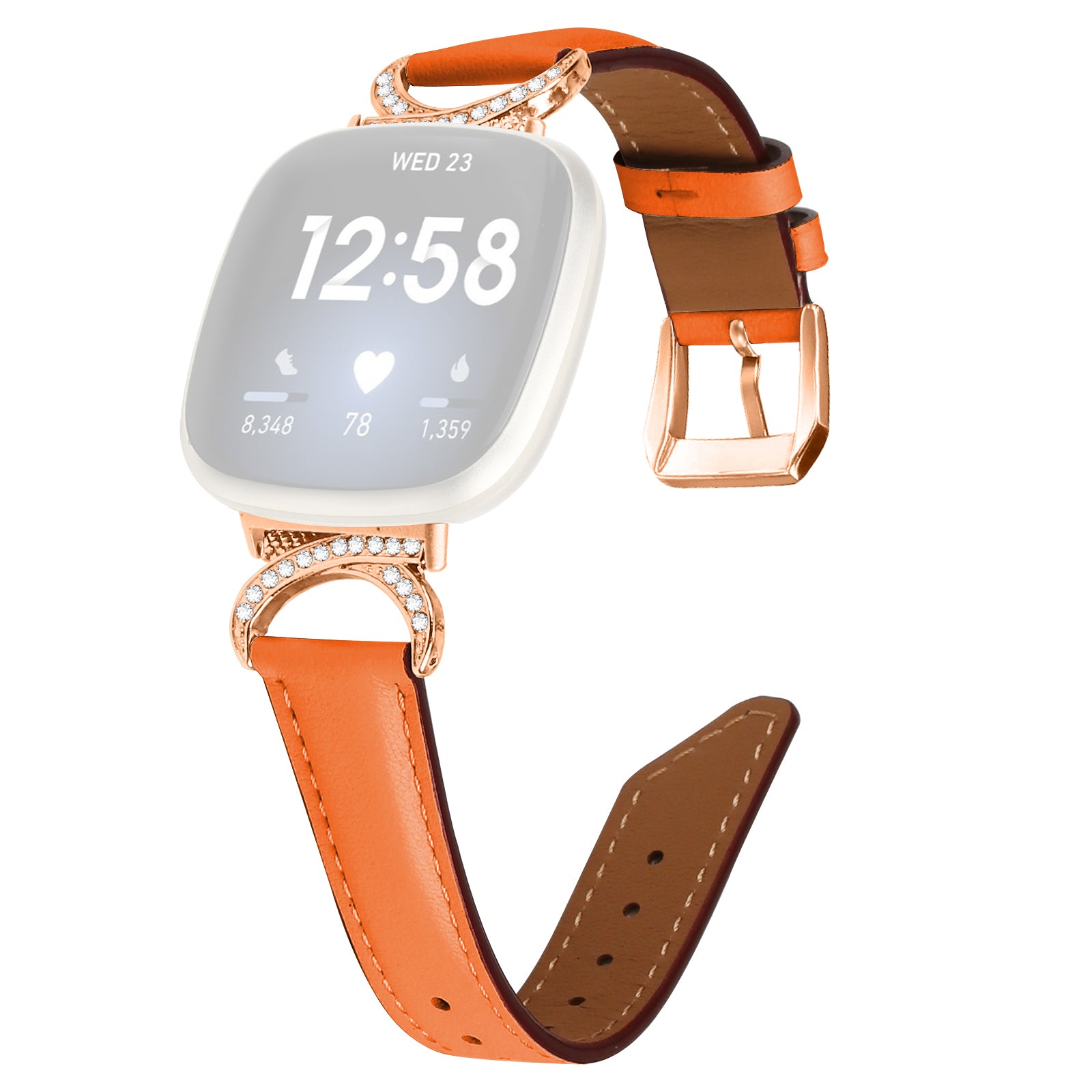 For Fitbit Versa 3 Versa 4 Sense Sense 2 Wrist Band Rhinestone D-shape Connector Split Leather Adjustable Strap with Rose Gold Buckle