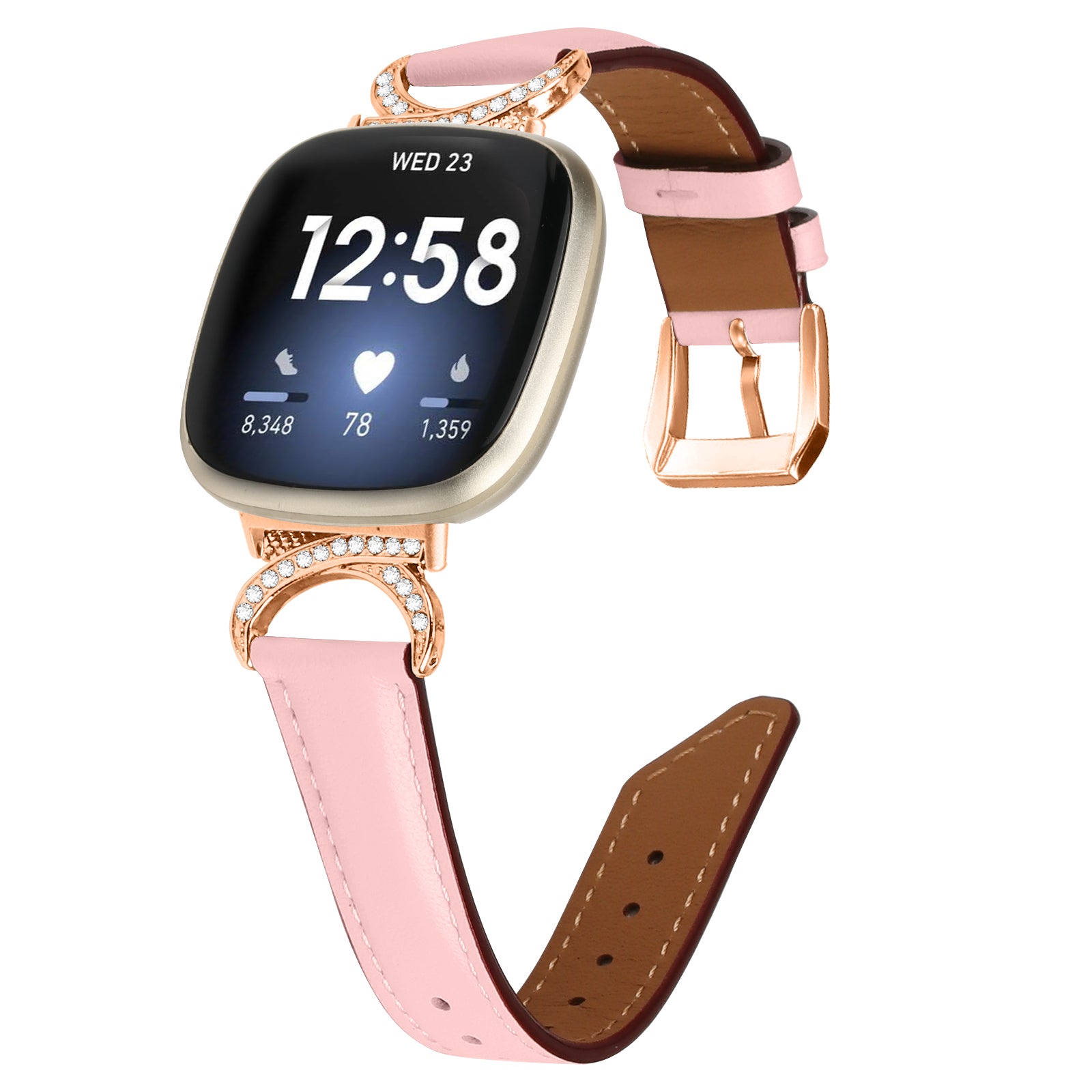 For Fitbit Versa 3 Versa 4 Sense Sense 2 Wrist Band Rhinestone D-shape Connector Split Leather Adjustable Strap with Rose Gold Buckle