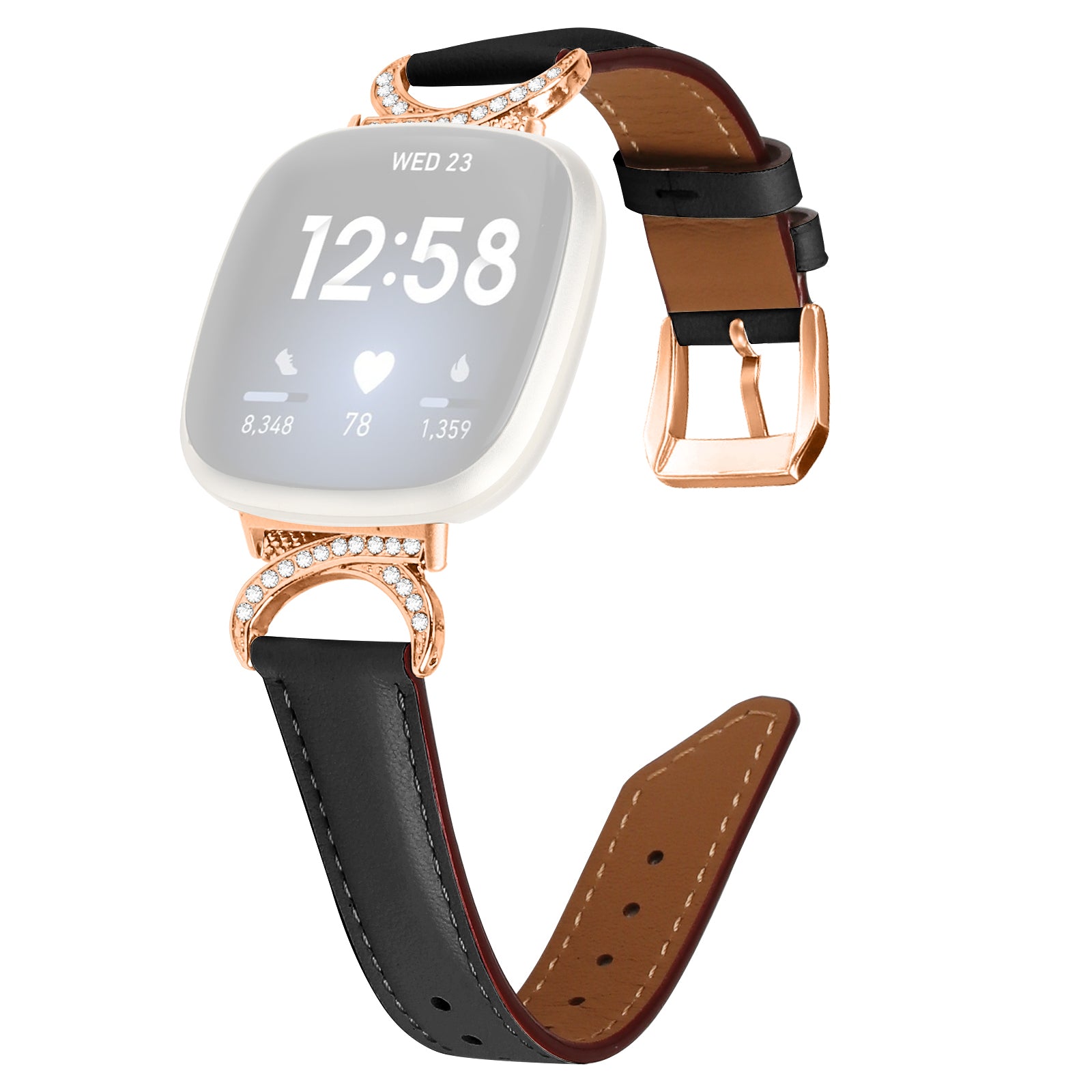 For Fitbit Versa 3 Versa 4 Sense Sense 2 Wrist Band Rhinestone D-shape Connector Split Leather Adjustable Strap with Rose Gold Buckle