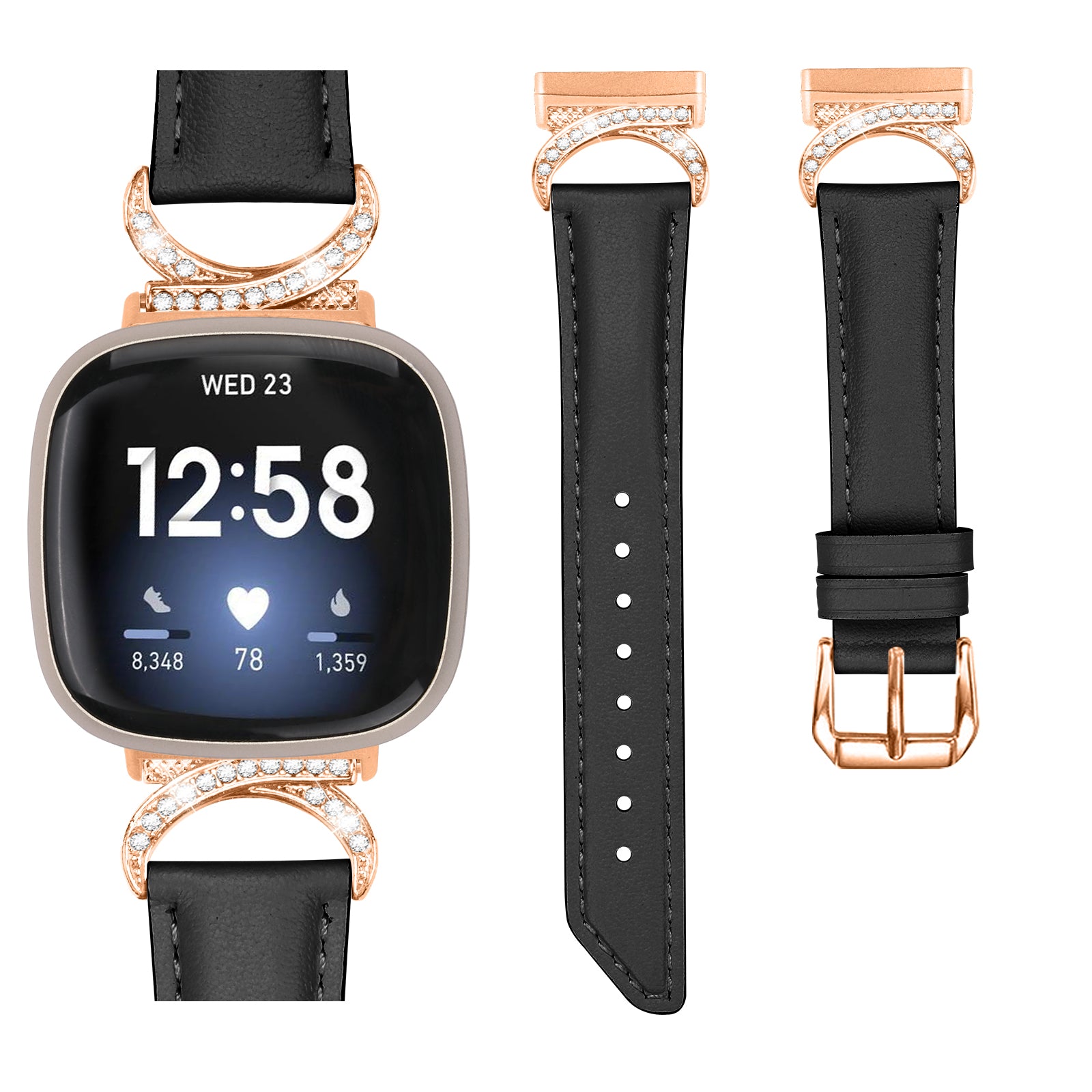 For Fitbit Versa 3 Versa 4 Sense Sense 2 Wrist Band Rhinestone D-shape Connector Split Leather Adjustable Strap with Rose Gold Buckle