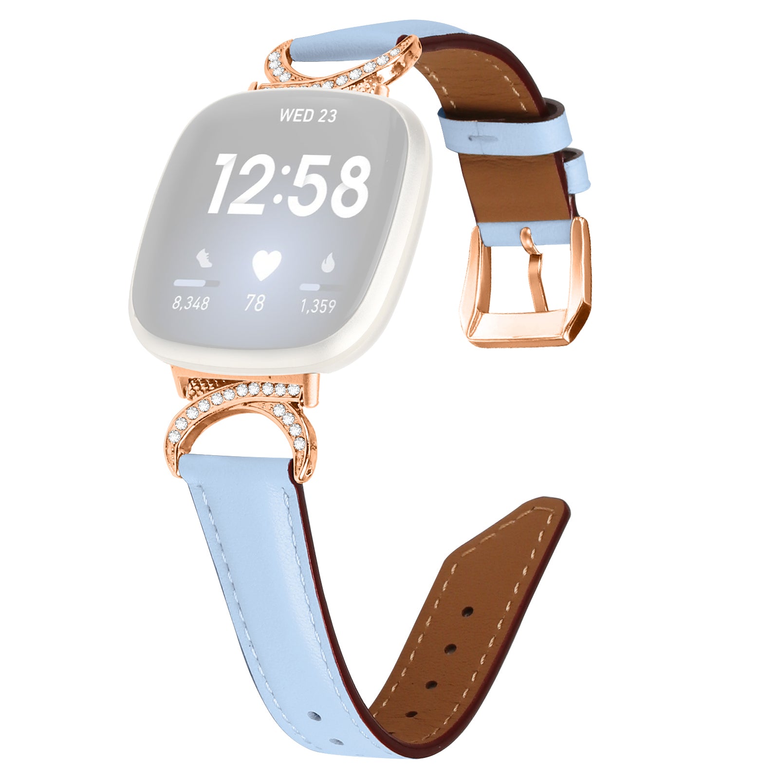 For Fitbit Versa 3 Versa 4 Sense Sense 2 Wrist Band Rhinestone D-shape Connector Split Leather Adjustable Strap with Rose Gold Buckle
