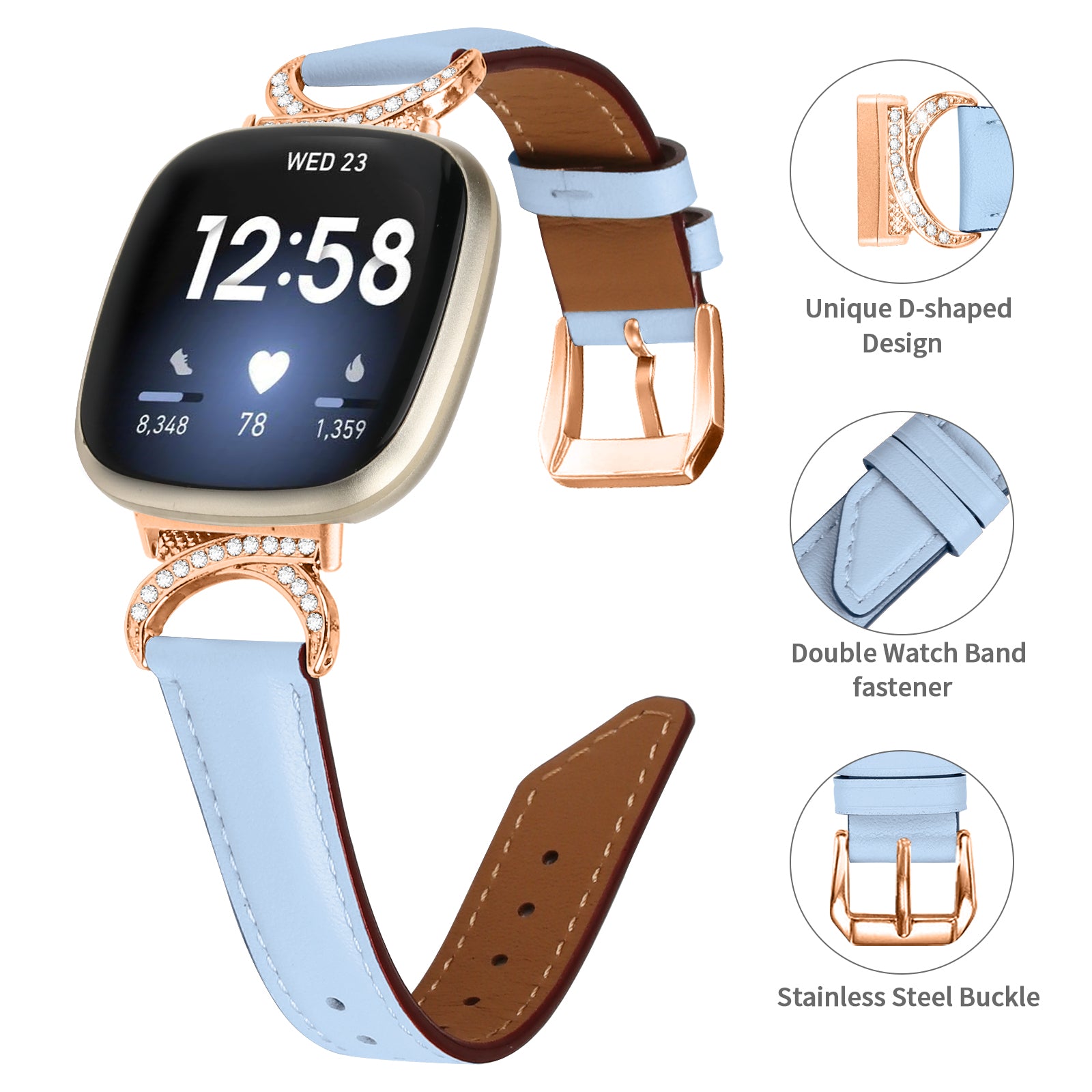 For Fitbit Versa 3 Versa 4 Sense Sense 2 Wrist Band Rhinestone D-shape Connector Split Leather Adjustable Strap with Rose Gold Buckle