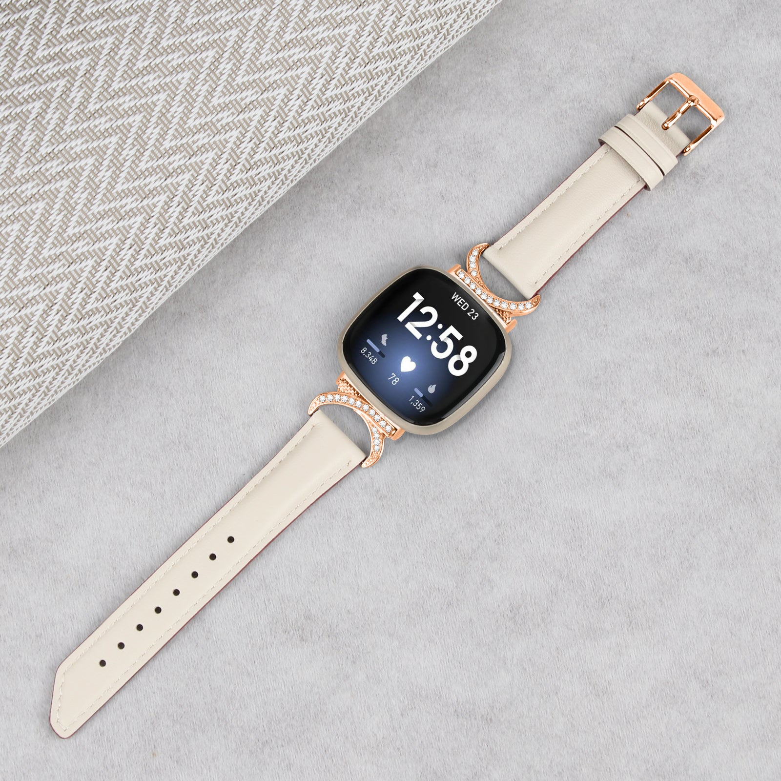 For Fitbit Versa 3 Versa 4 Sense Sense 2 Wrist Band Rhinestone D-shape Connector Split Leather Adjustable Strap with Rose Gold Buckle