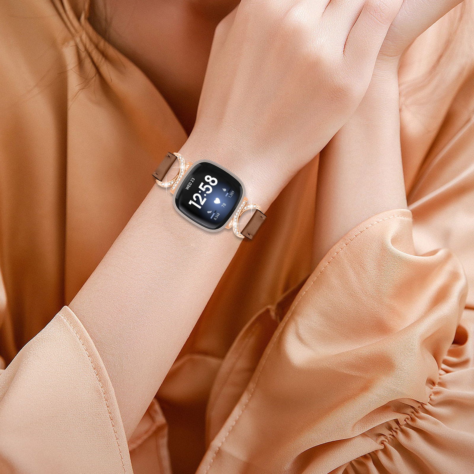 For Fitbit Versa 3 Versa 4 Sense Sense 2 Wrist Band Rhinestone D-shape Connector Split Leather Adjustable Strap with Rose Gold Buckle