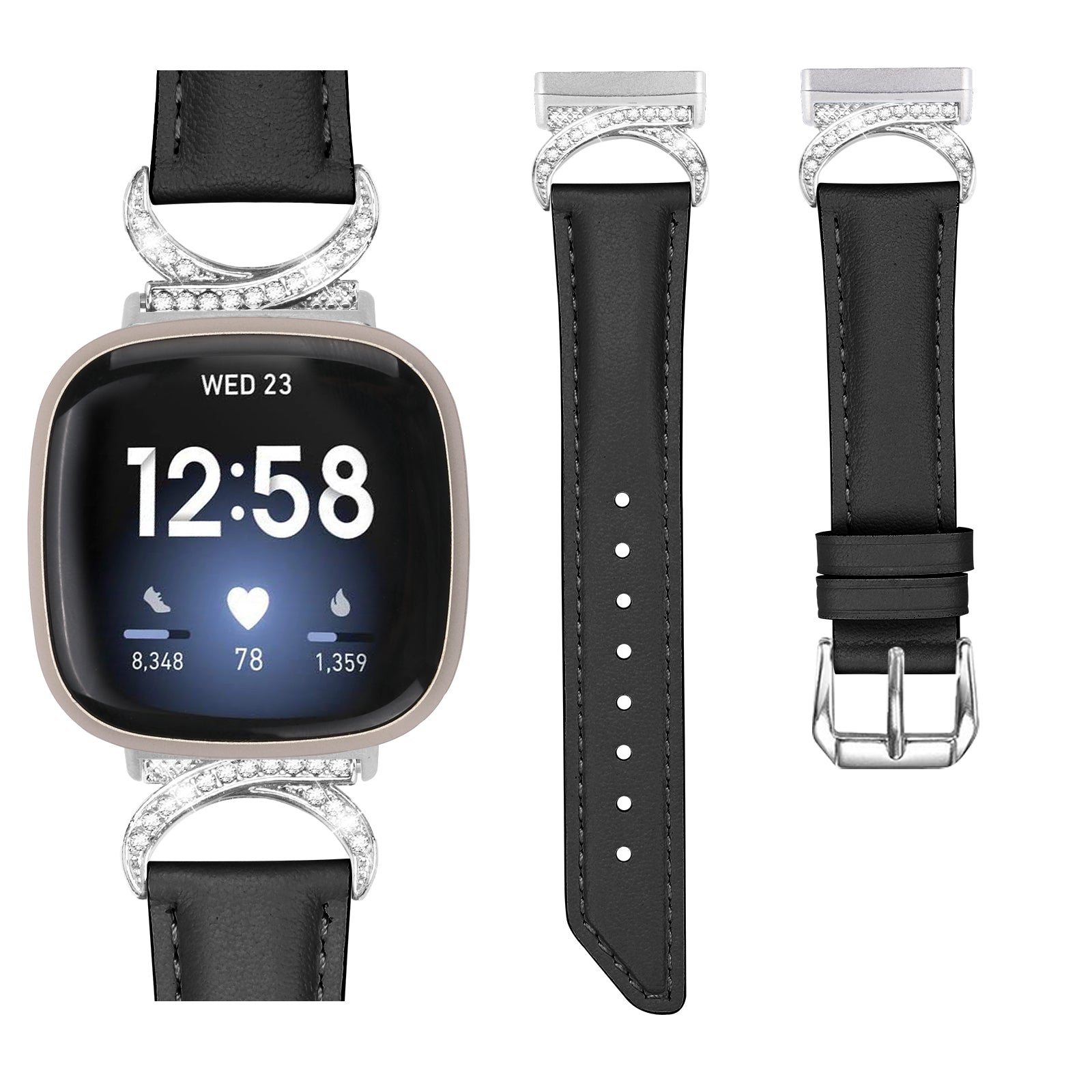 For Fitbit Versa 3 Versa 4 Sense Sense 2 Rhinestone D-shape Connector Wrist Band Split Leather Watch Strap with Silver Buckle
