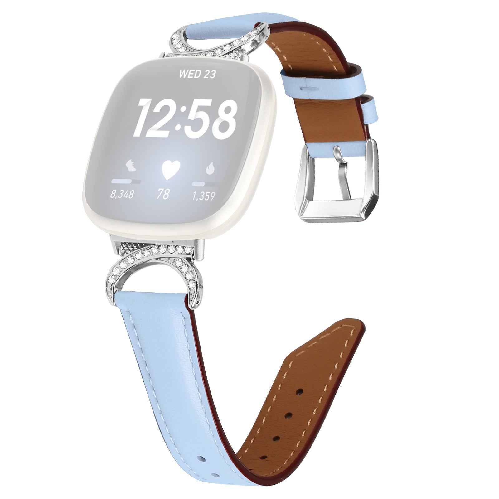For Fitbit Versa 3 Versa 4 Sense Sense 2 Rhinestone D-shape Connector Wrist Band Split Leather Watch Strap with Silver Buckle