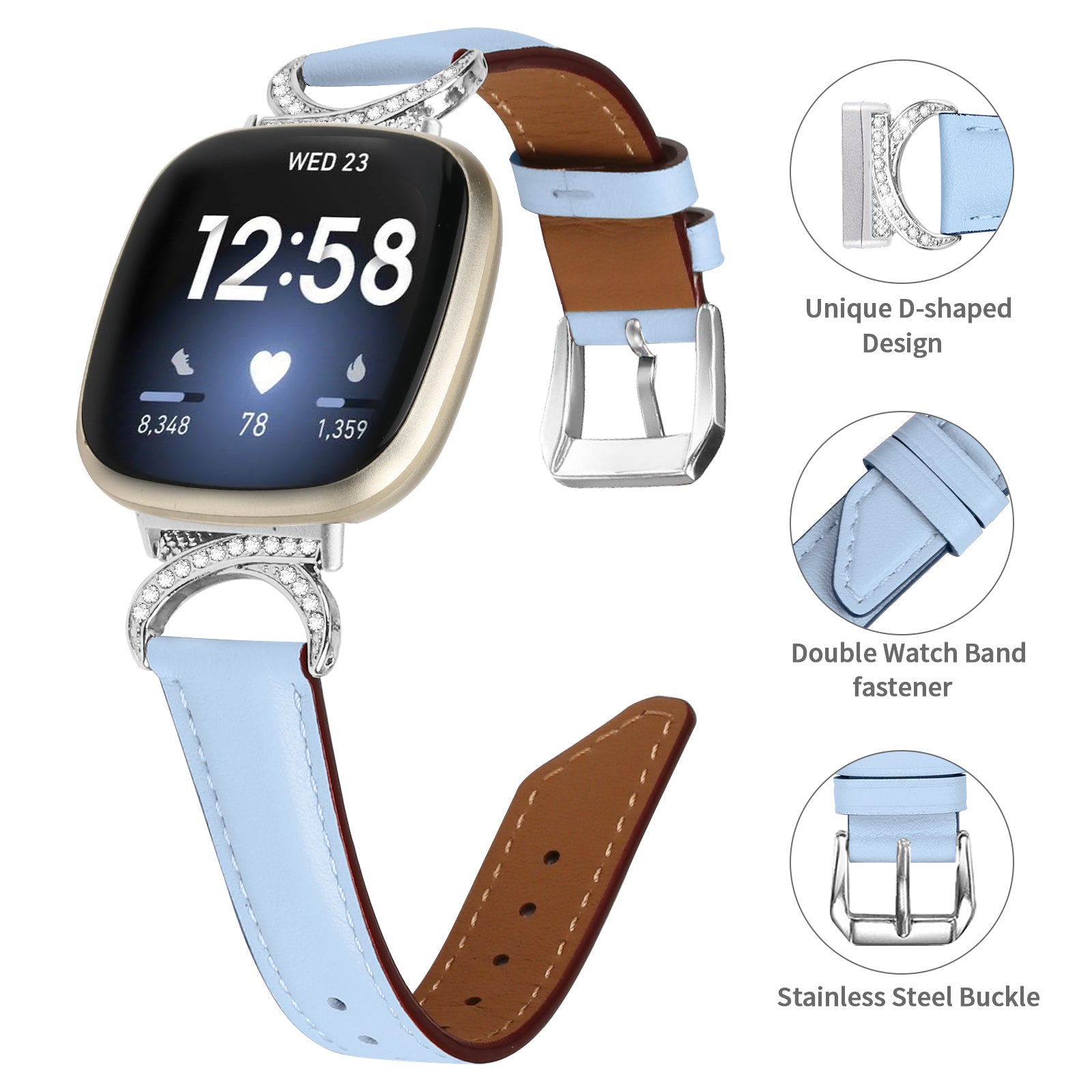 For Fitbit Versa 3 Versa 4 Sense Sense 2 Rhinestone D-shape Connector Wrist Band Split Leather Watch Strap with Silver Buckle