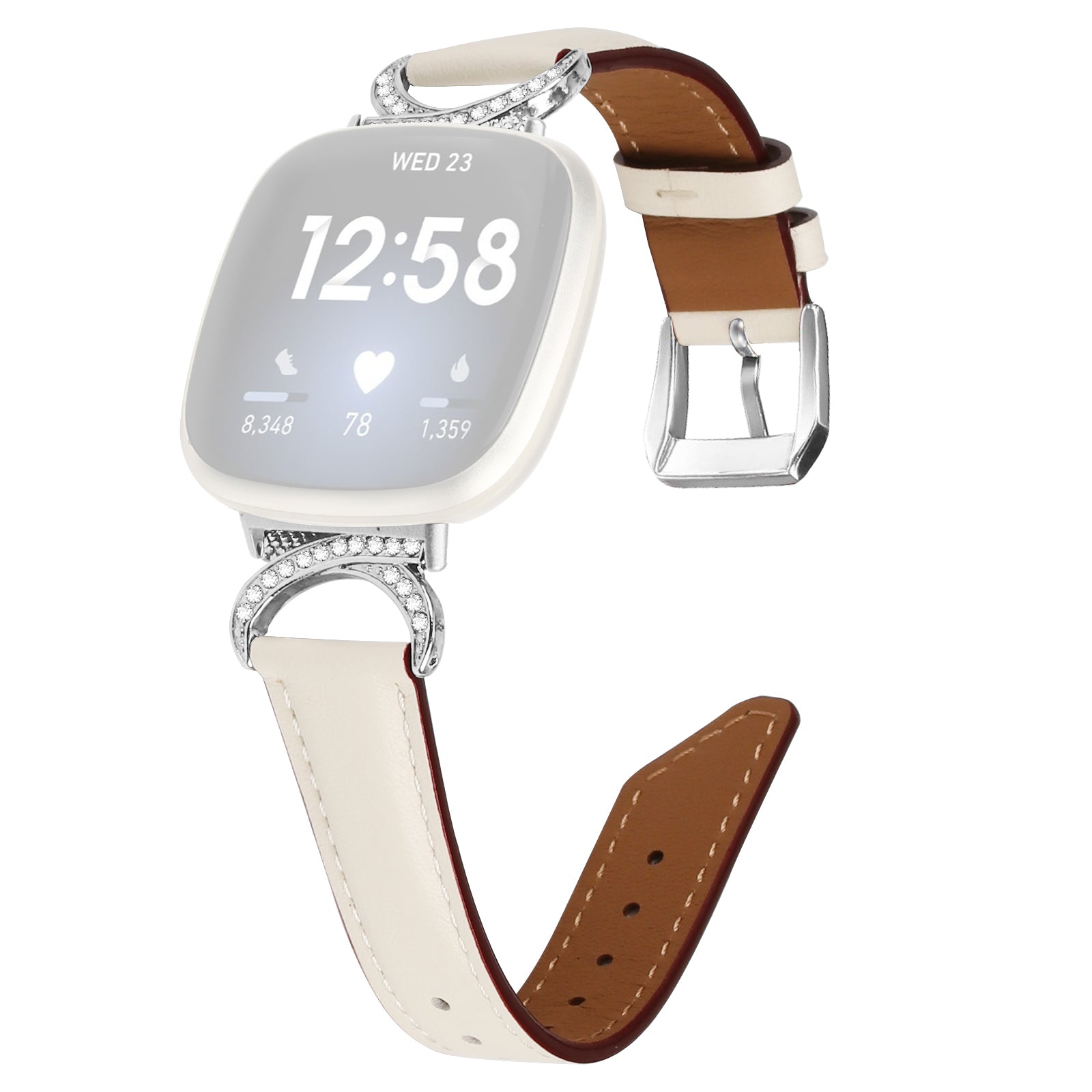 For Fitbit Versa 3 Versa 4 Sense Sense 2 Rhinestone D-shape Connector Wrist Band Split Leather Watch Strap with Silver Buckle