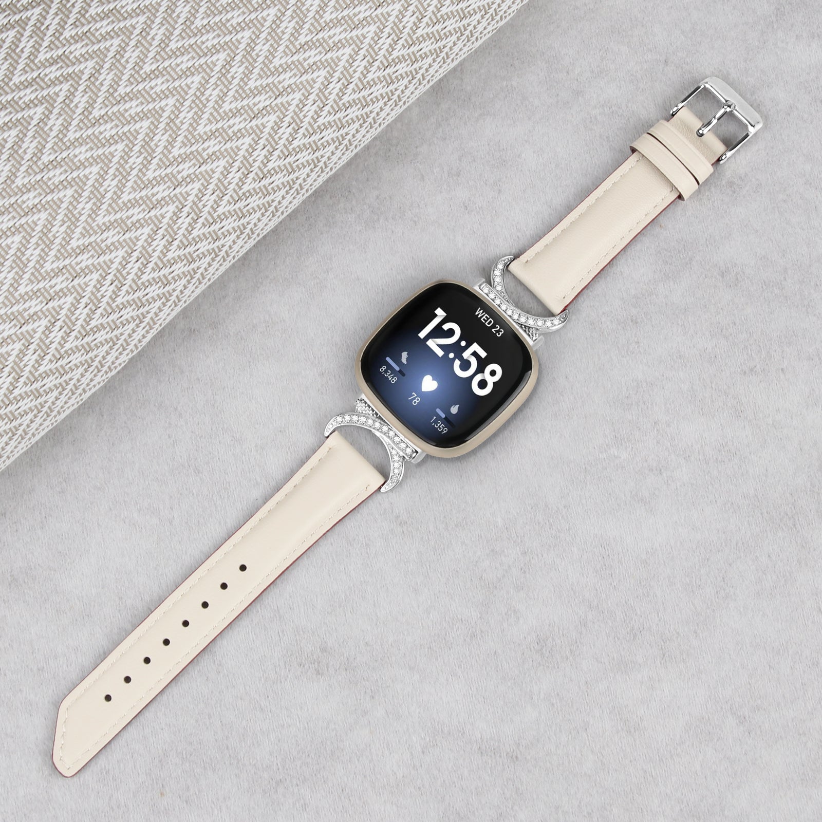 For Fitbit Versa 3 Versa 4 Sense Sense 2 Rhinestone D-shape Connector Wrist Band Split Leather Watch Strap with Silver Buckle