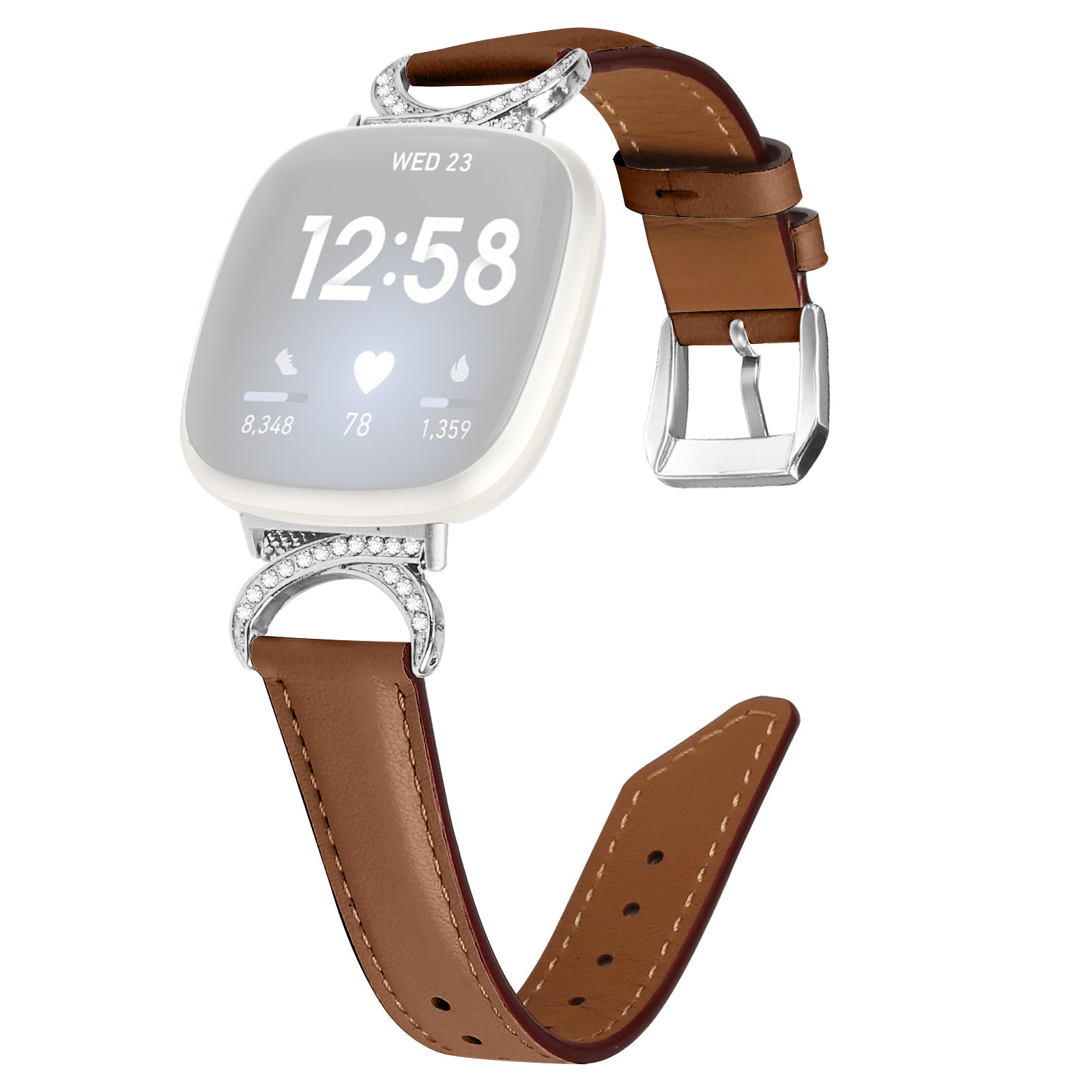 For Fitbit Versa 3 Versa 4 Sense Sense 2 Rhinestone D-shape Connector Wrist Band Split Leather Watch Strap with Silver Buckle