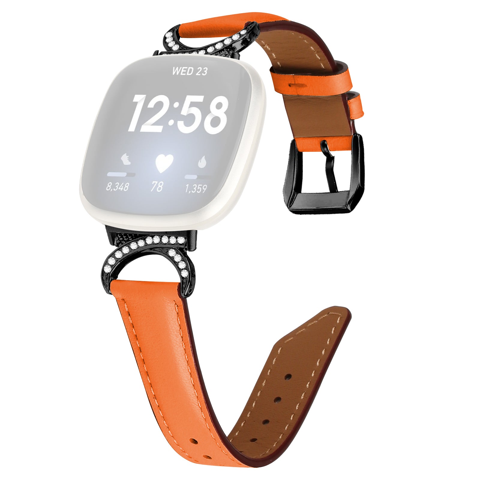 For Fitbit Versa 3 Versa 4 Sense Sense 2 Split Leather Watch Strap Rhinestone D-shape Connector Wrist Band with Black Buckle