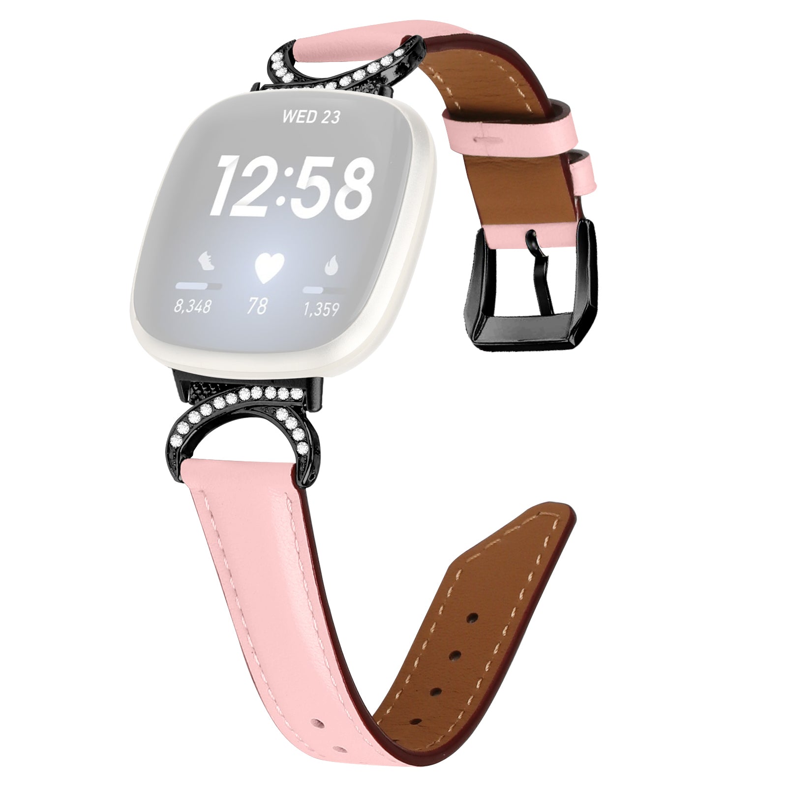 For Fitbit Versa 3 Versa 4 Sense Sense 2 Split Leather Watch Strap Rhinestone D-shape Connector Wrist Band with Black Buckle