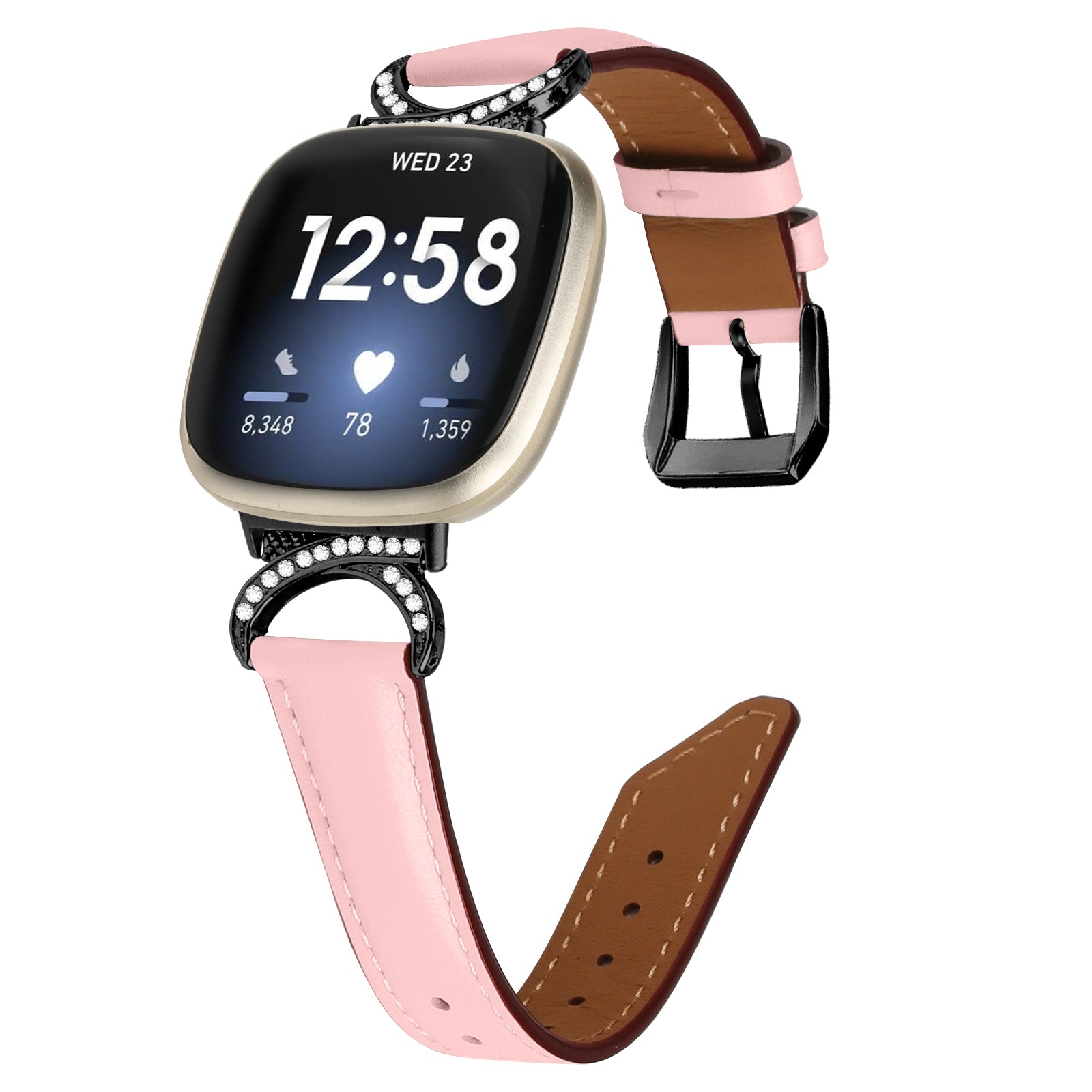 For Fitbit Versa 3 Versa 4 Sense Sense 2 Split Leather Watch Strap Rhinestone D-shape Connector Wrist Band with Black Buckle