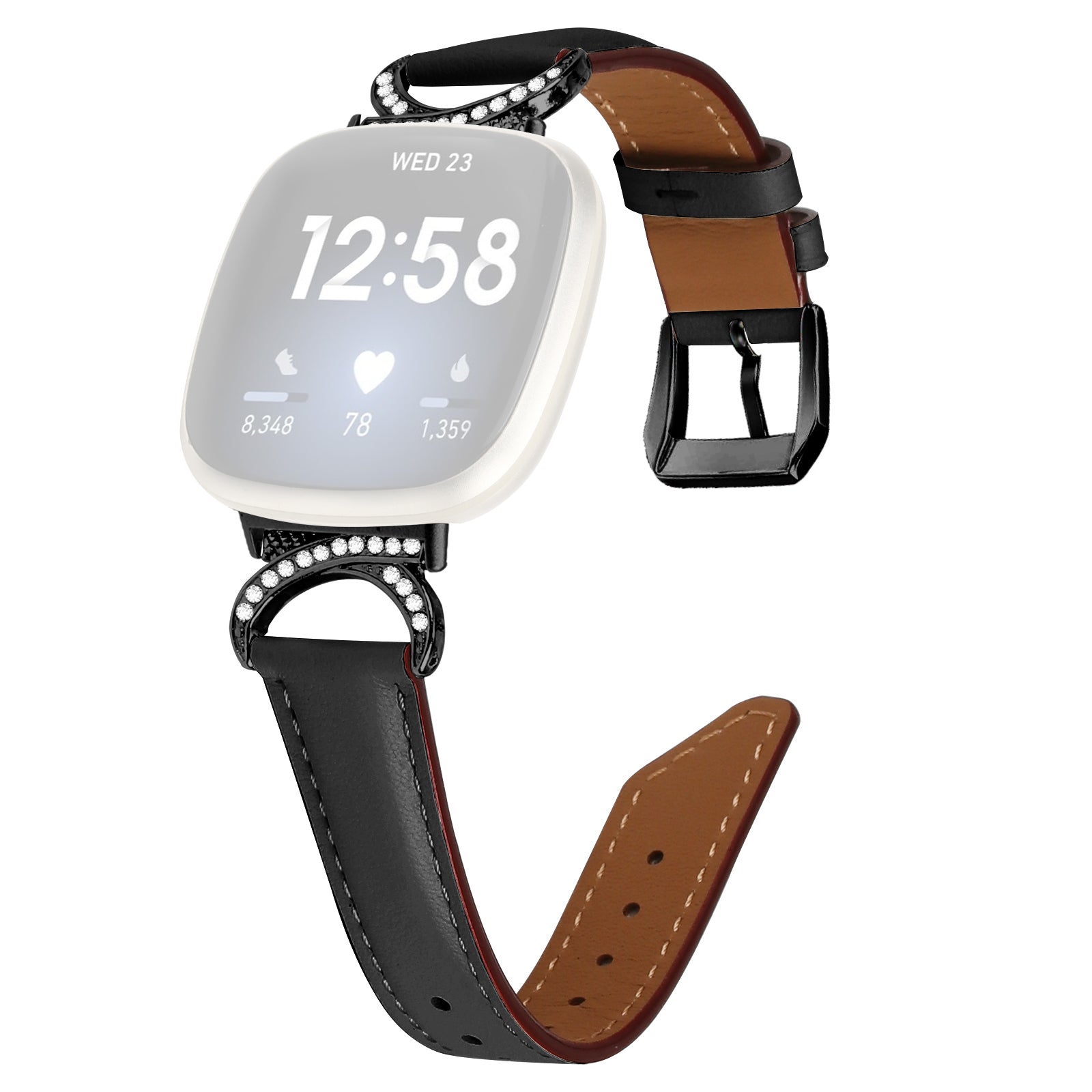 For Fitbit Versa 3 Versa 4 Sense Sense 2 Split Leather Watch Strap Rhinestone D-shape Connector Wrist Band with Black Buckle