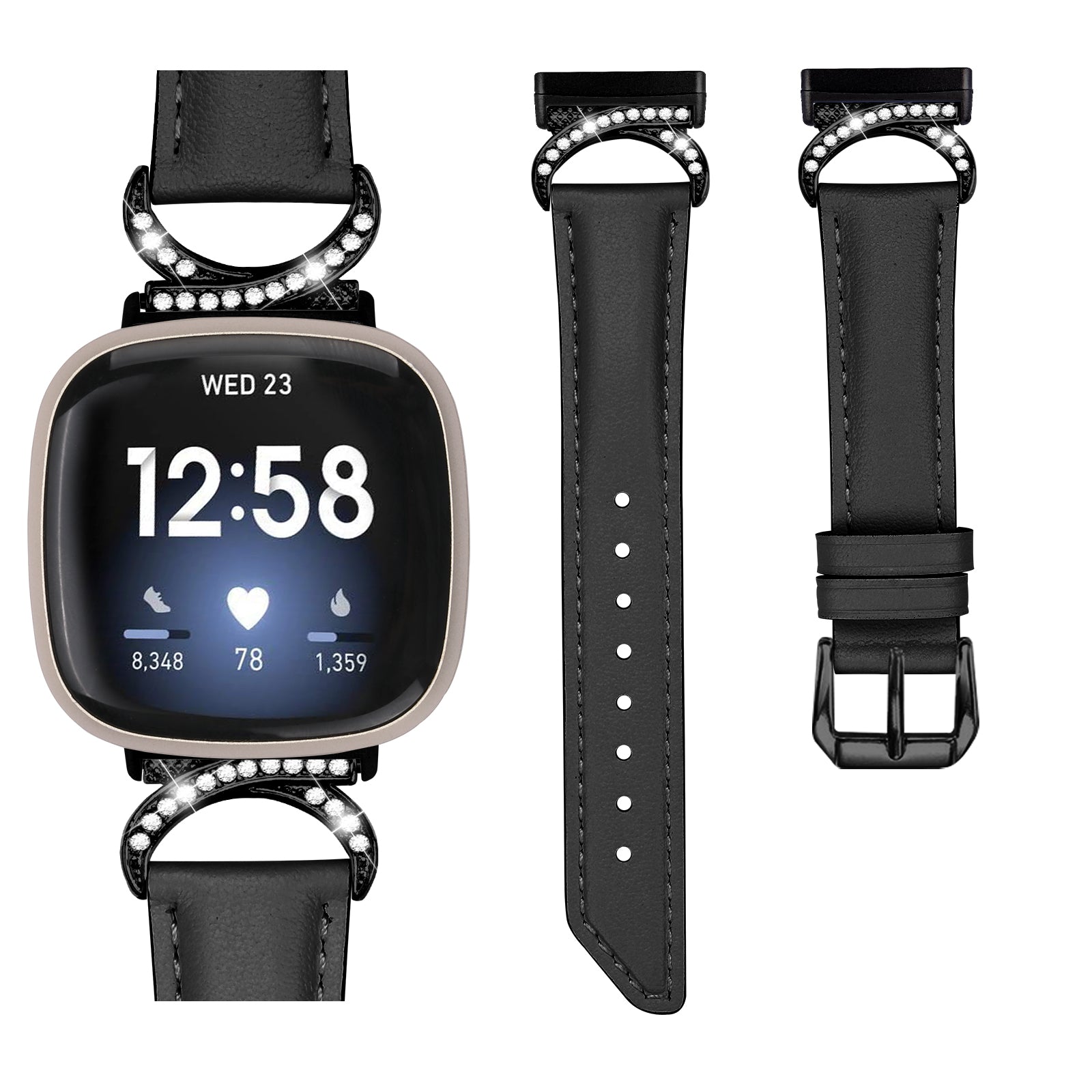 For Fitbit Versa 3 Versa 4 Sense Sense 2 Split Leather Watch Strap Rhinestone D-shape Connector Wrist Band with Black Buckle