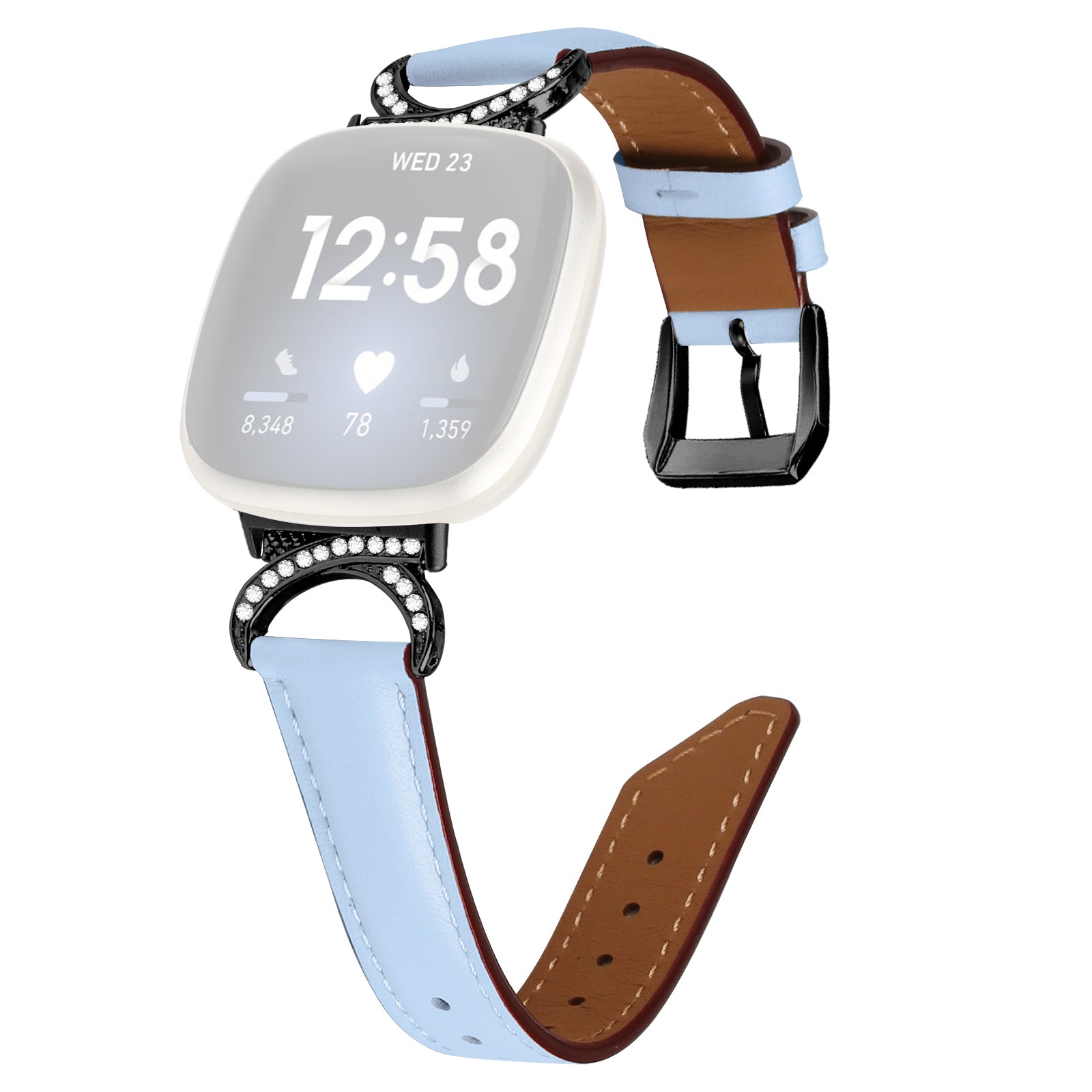 For Fitbit Versa 3 Versa 4 Sense Sense 2 Split Leather Watch Strap Rhinestone D-shape Connector Wrist Band with Black Buckle