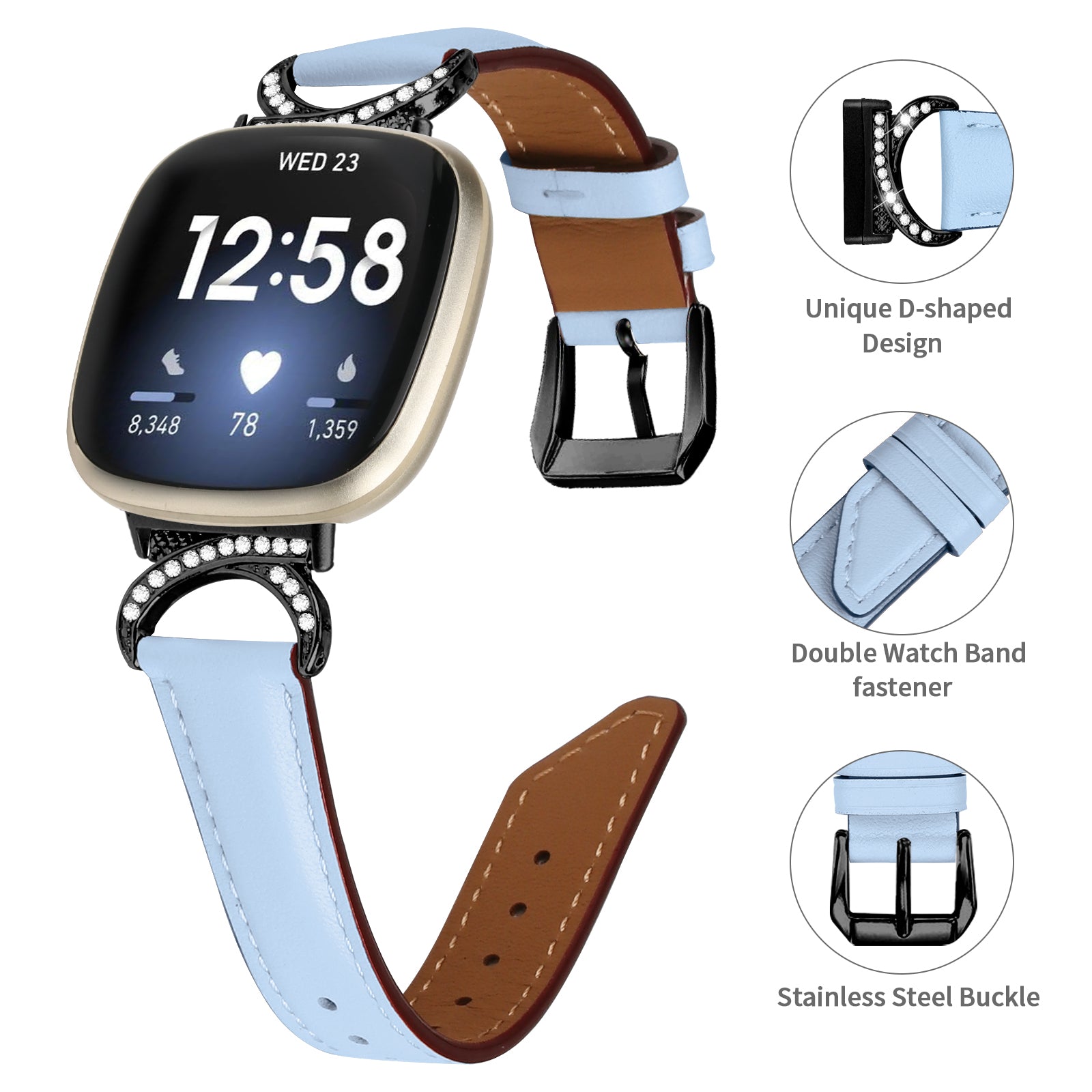 For Fitbit Versa 3 Versa 4 Sense Sense 2 Split Leather Watch Strap Rhinestone D-shape Connector Wrist Band with Black Buckle