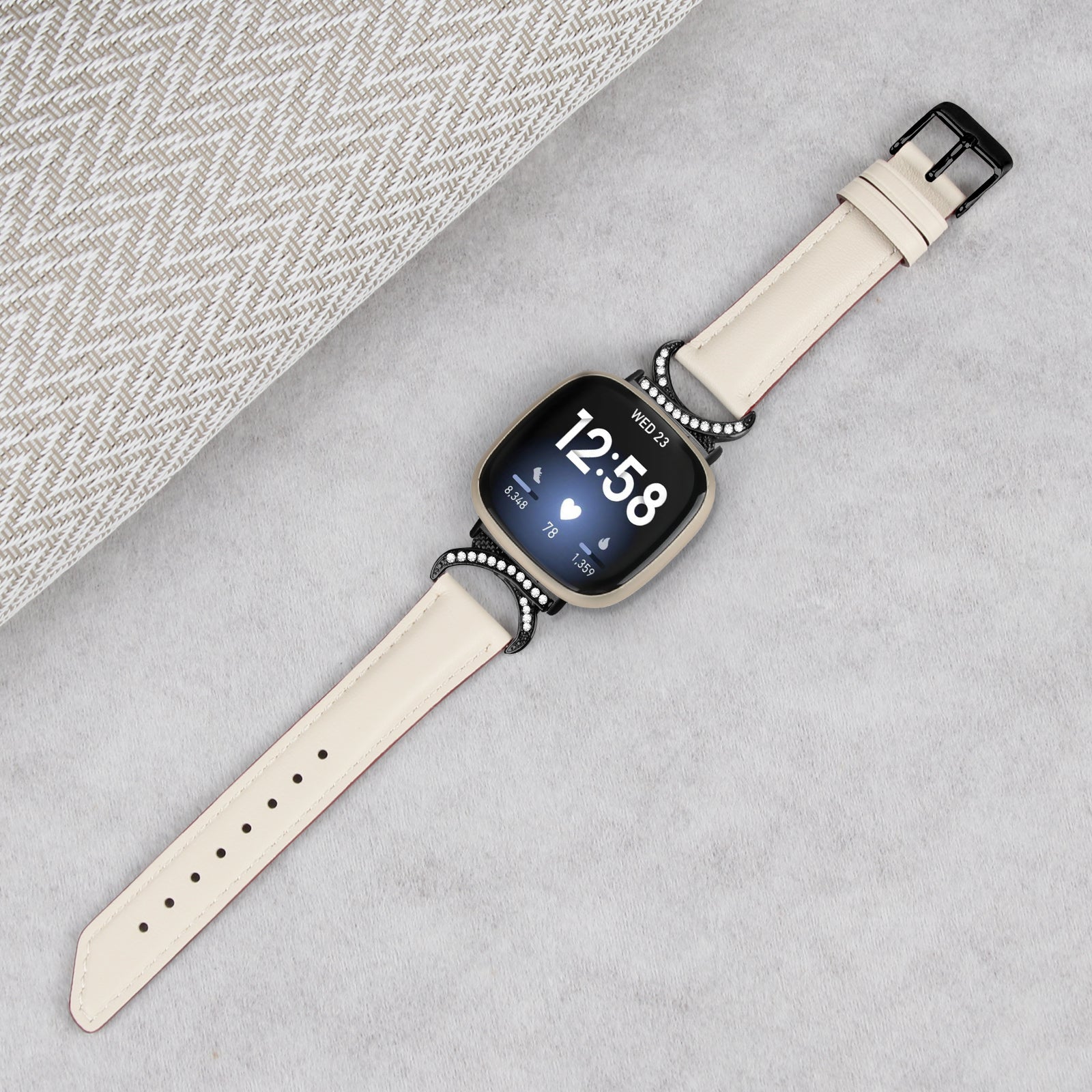 For Fitbit Versa 3 Versa 4 Sense Sense 2 Split Leather Watch Strap Rhinestone D-shape Connector Wrist Band with Black Buckle