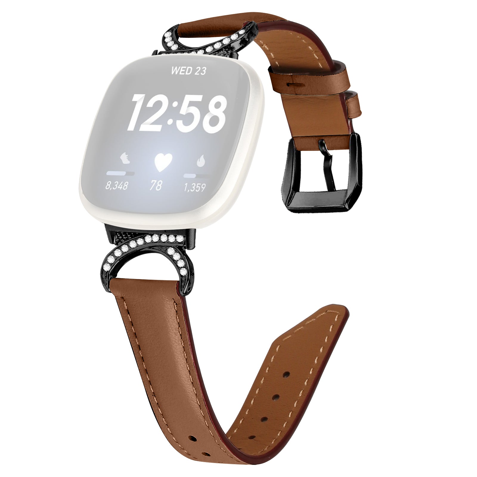 For Fitbit Versa 3 Versa 4 Sense Sense 2 Split Leather Watch Strap Rhinestone D-shape Connector Wrist Band with Black Buckle