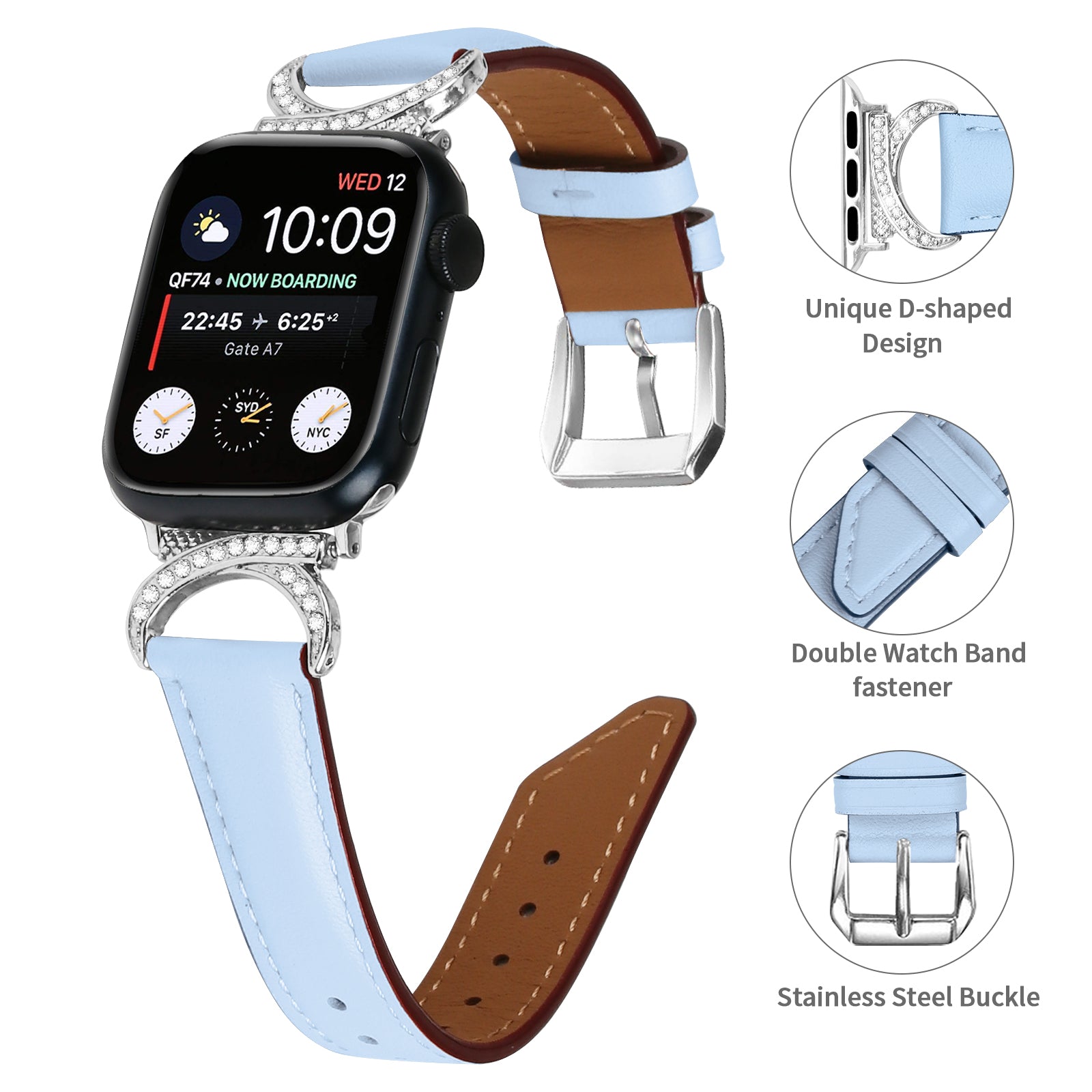 Genuine Cowhide Leather Watch Band for Apple Watch Series 9 8 7 41mm 6 5 4 SE (2022) SE (2023) SE 40mm 3 2 1 38mm Rhinestone Decor Strap Bracelet Strap with Silver Buckle
