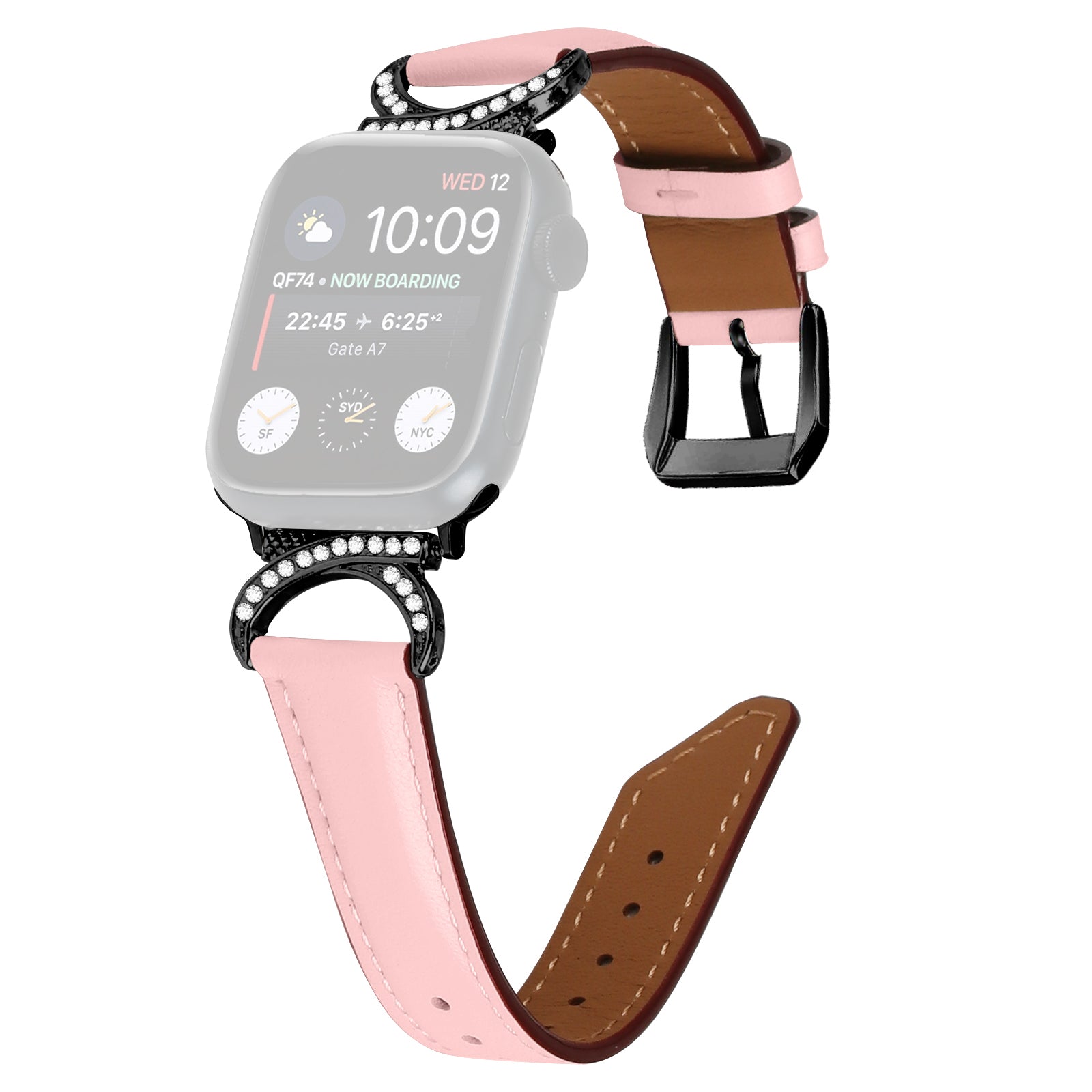Genuine Cowhide Leather Band for Apple Watch Series 9 8 7 41mm 6 5 4 SE (2022) SE (2023) SE 40mm 3 2 1 38mm Rhinestone Decor Watch Strap with Black Buckle