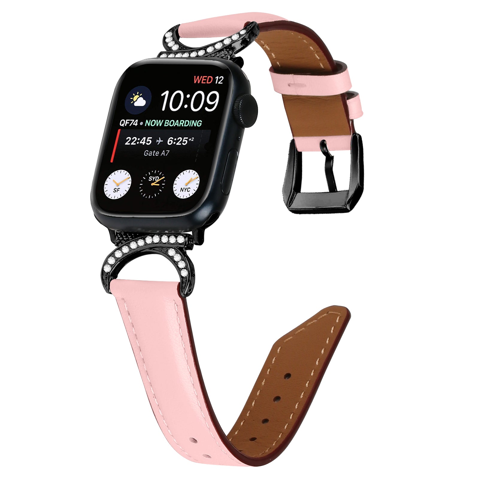 Genuine Cowhide Leather Band for Apple Watch Series 9 8 7 41mm 6 5 4 SE (2022) SE (2023) SE 40mm 3 2 1 38mm Rhinestone Decor Watch Strap with Black Buckle