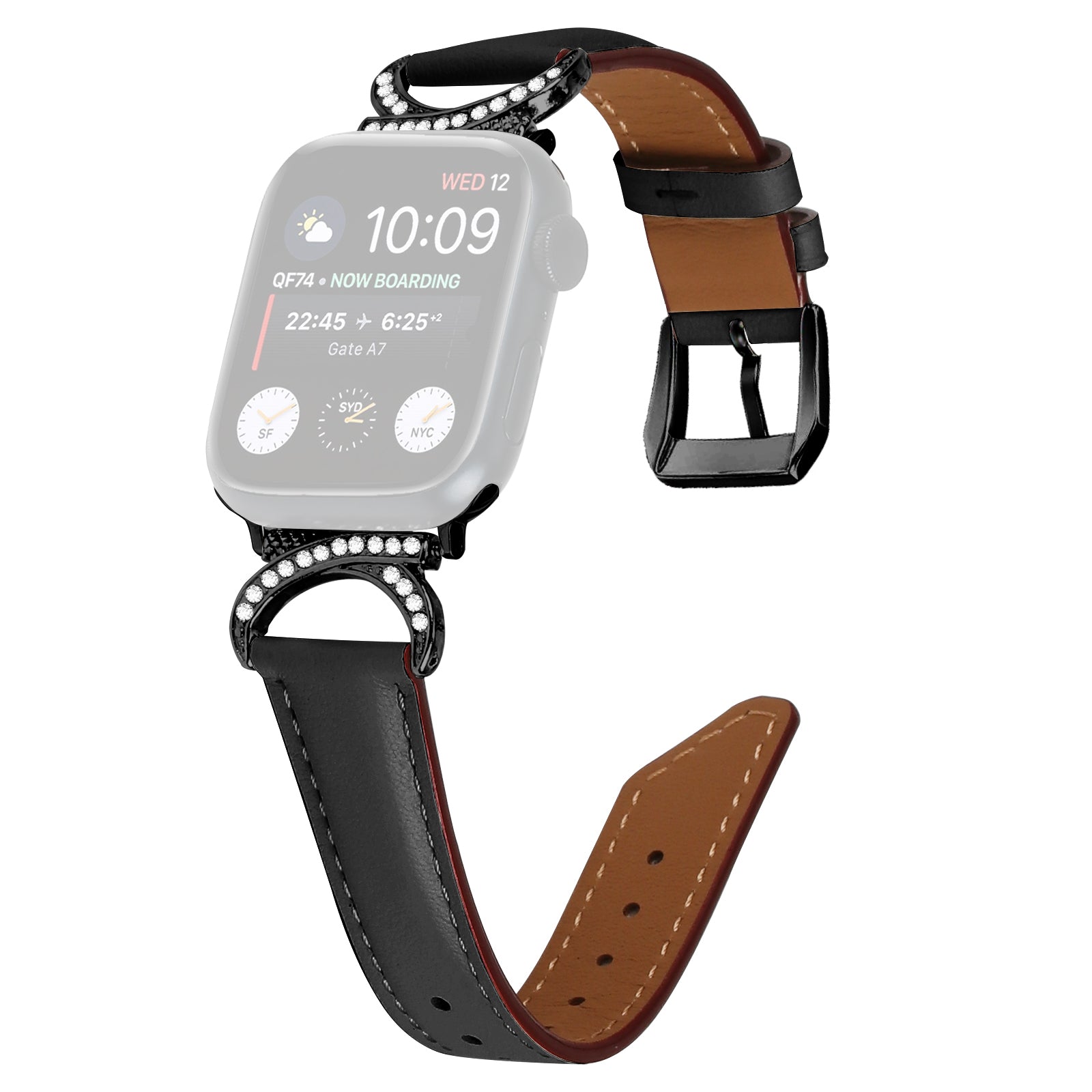 Genuine Cowhide Leather Band for Apple Watch Series 9 8 7 41mm 6 5 4 SE (2022) SE (2023) SE 40mm 3 2 1 38mm Rhinestone Decor Watch Strap with Black Buckle