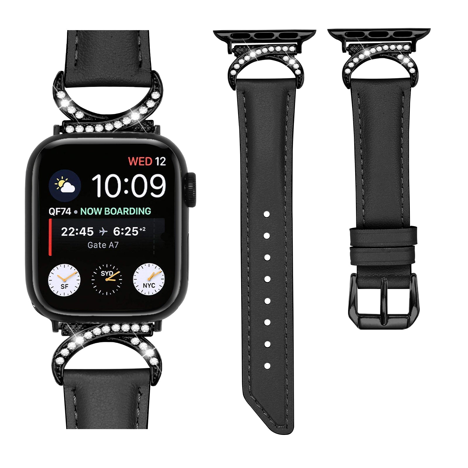 Genuine Cowhide Leather Band for Apple Watch Series 9 8 7 41mm 6 5 4 SE (2022) SE (2023) SE 40mm 3 2 1 38mm Rhinestone Decor Watch Strap with Black Buckle