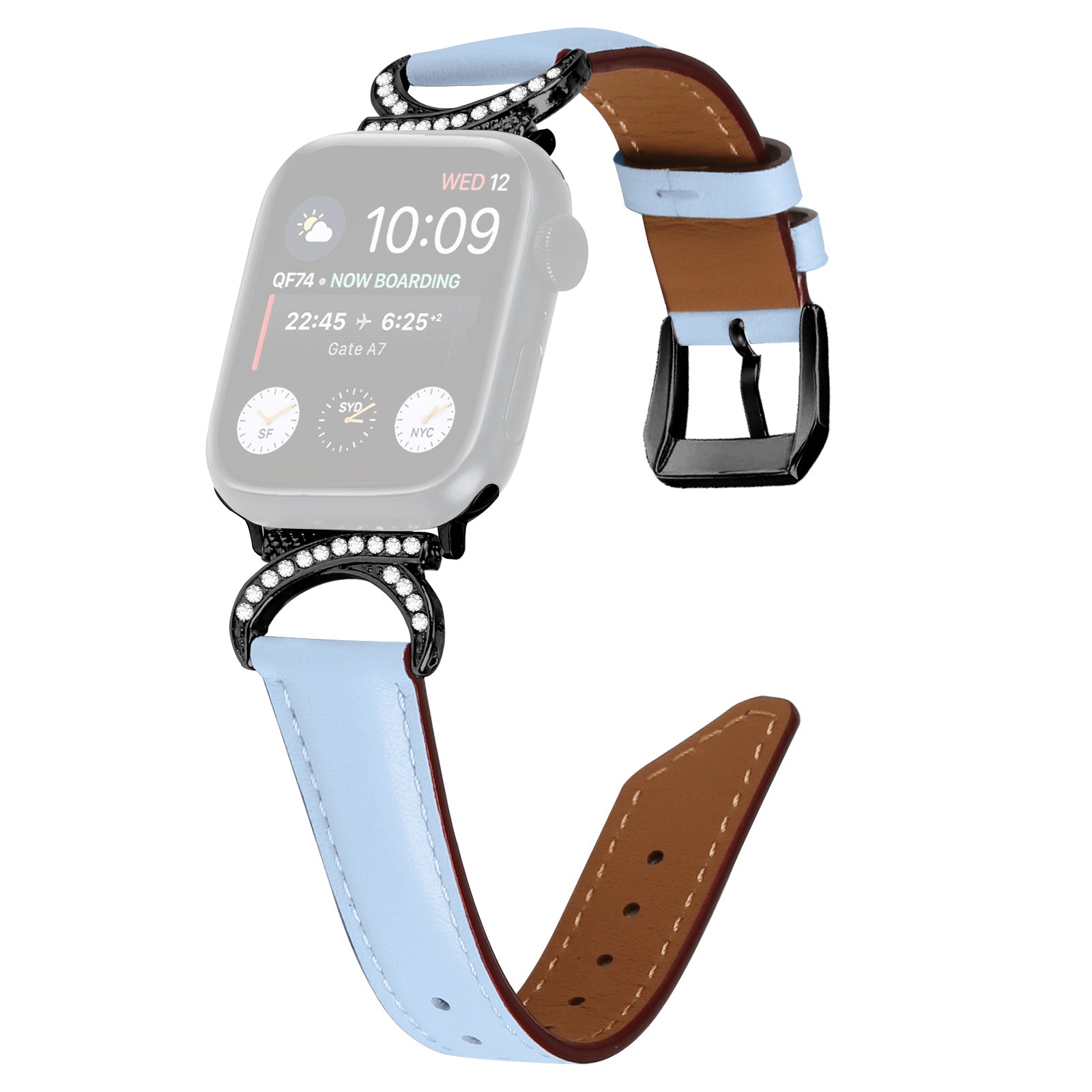 Genuine Cowhide Leather Band for Apple Watch Series 9 8 7 41mm 6 5 4 SE (2022) SE (2023) SE 40mm 3 2 1 38mm Rhinestone Decor Watch Strap with Black Buckle